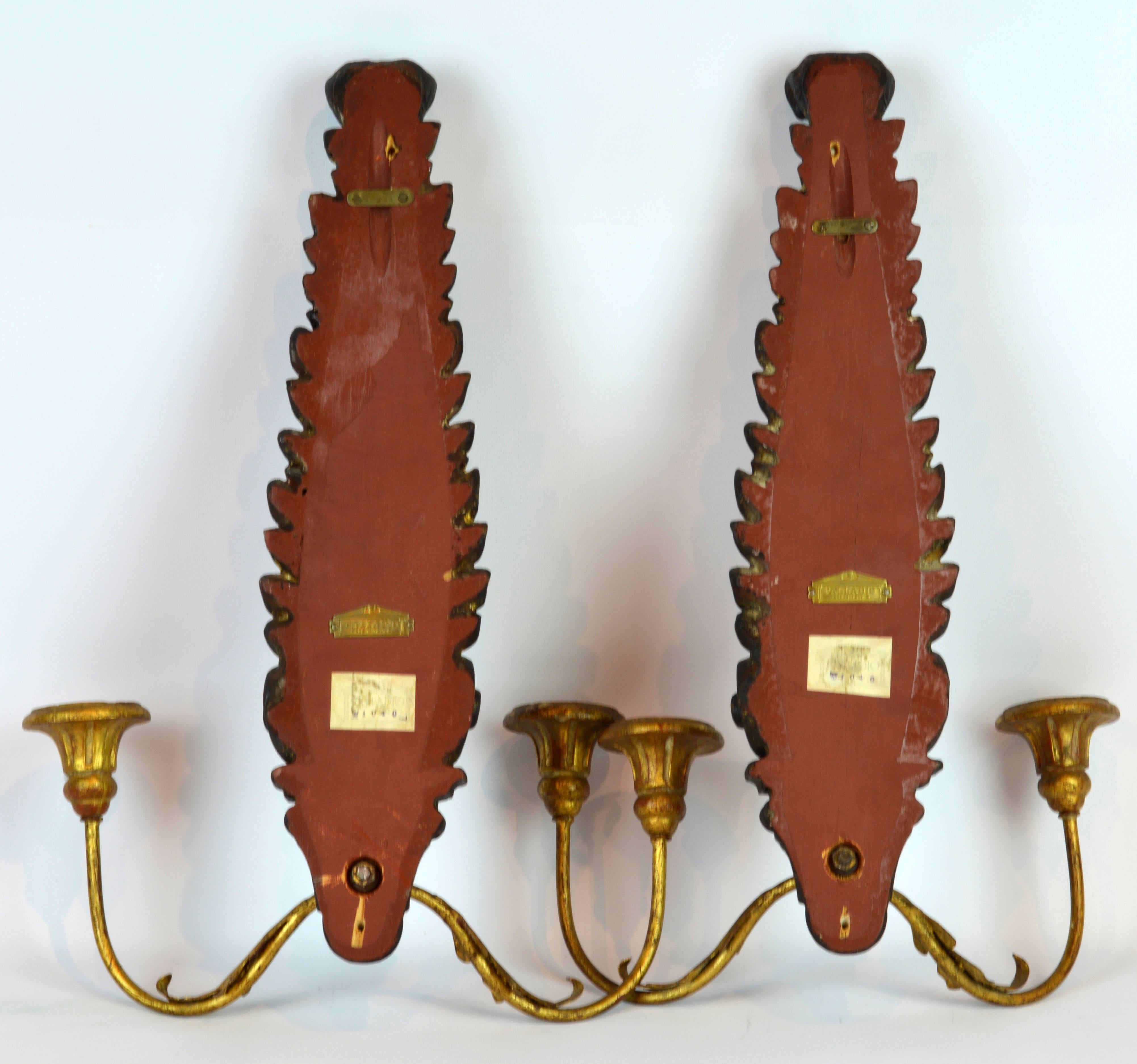 Pair of Italian 1950s Palladio Wood and Gilt Iron Neoclassical Wall Sconce 1