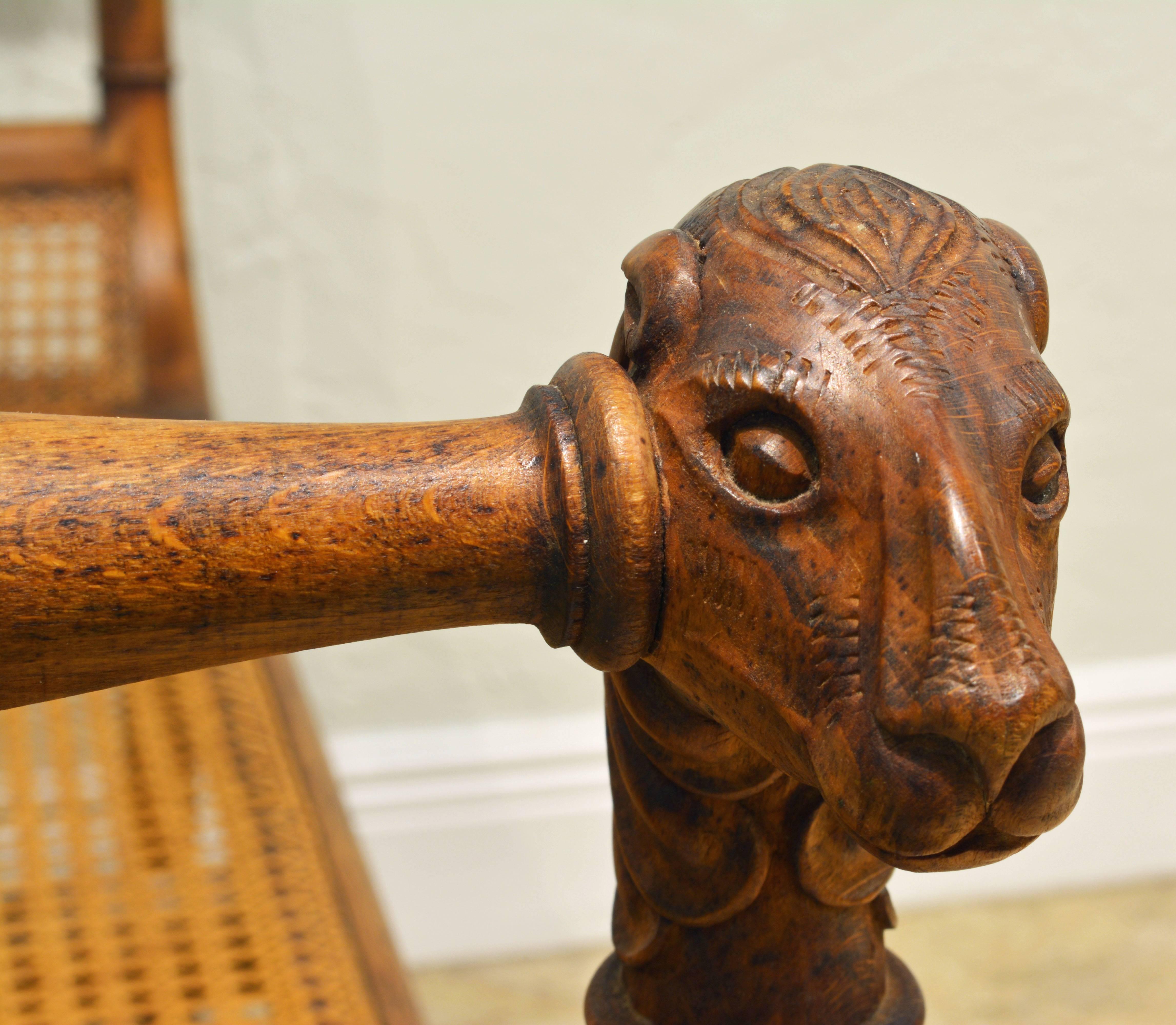 Cane French 20th Century Neoclassical Style Wood Curule Style Bench with Lion's Heads