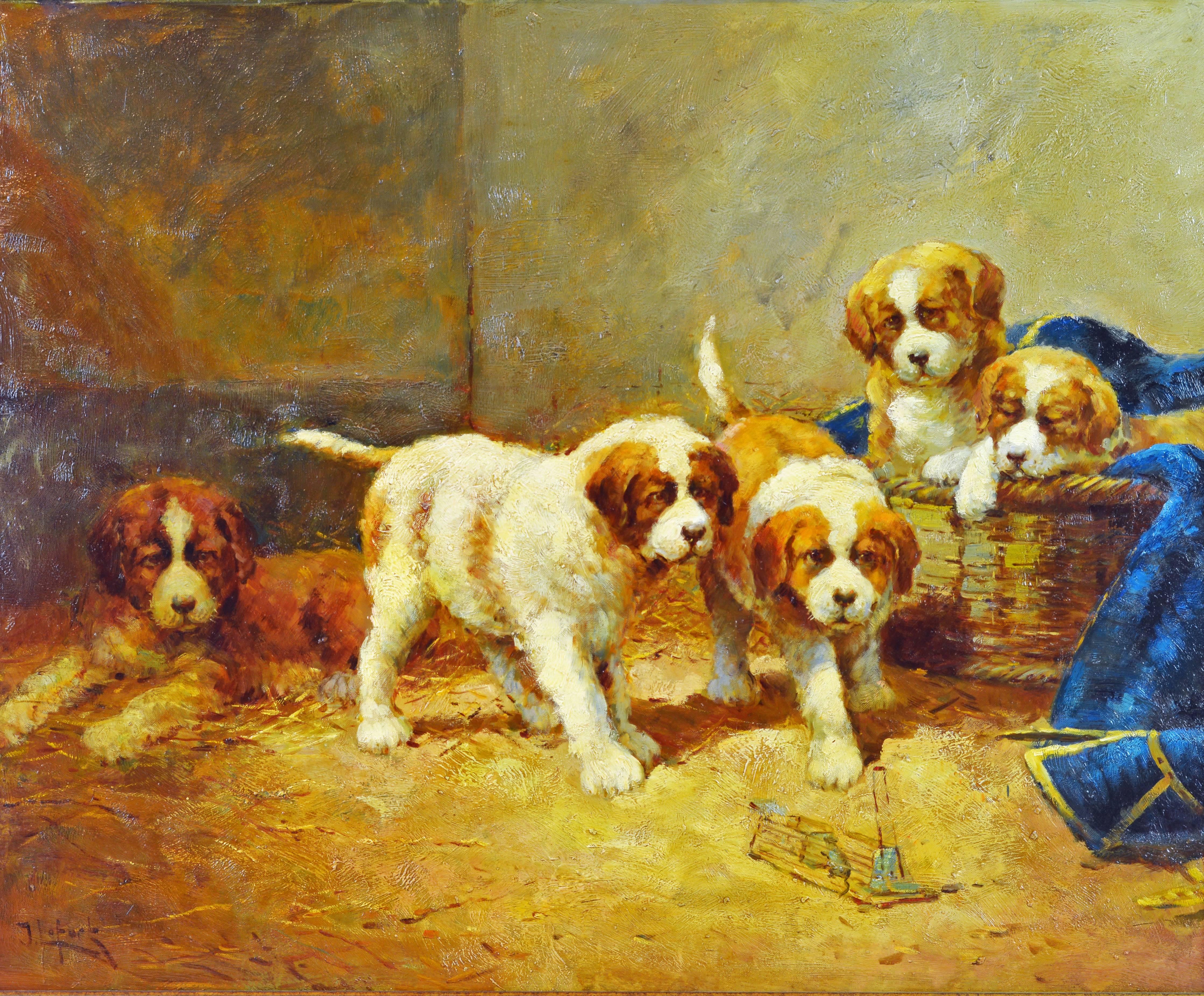 This large work by Jean Lefort (French b. 1947) features a family of 5 St. Bernard puppies grouped around a mouse trap. It is oil on oil on canvas measuring 28 x 35 inches without frame and 33.5 x 40 inches including the ornate Dutch frame. Signed