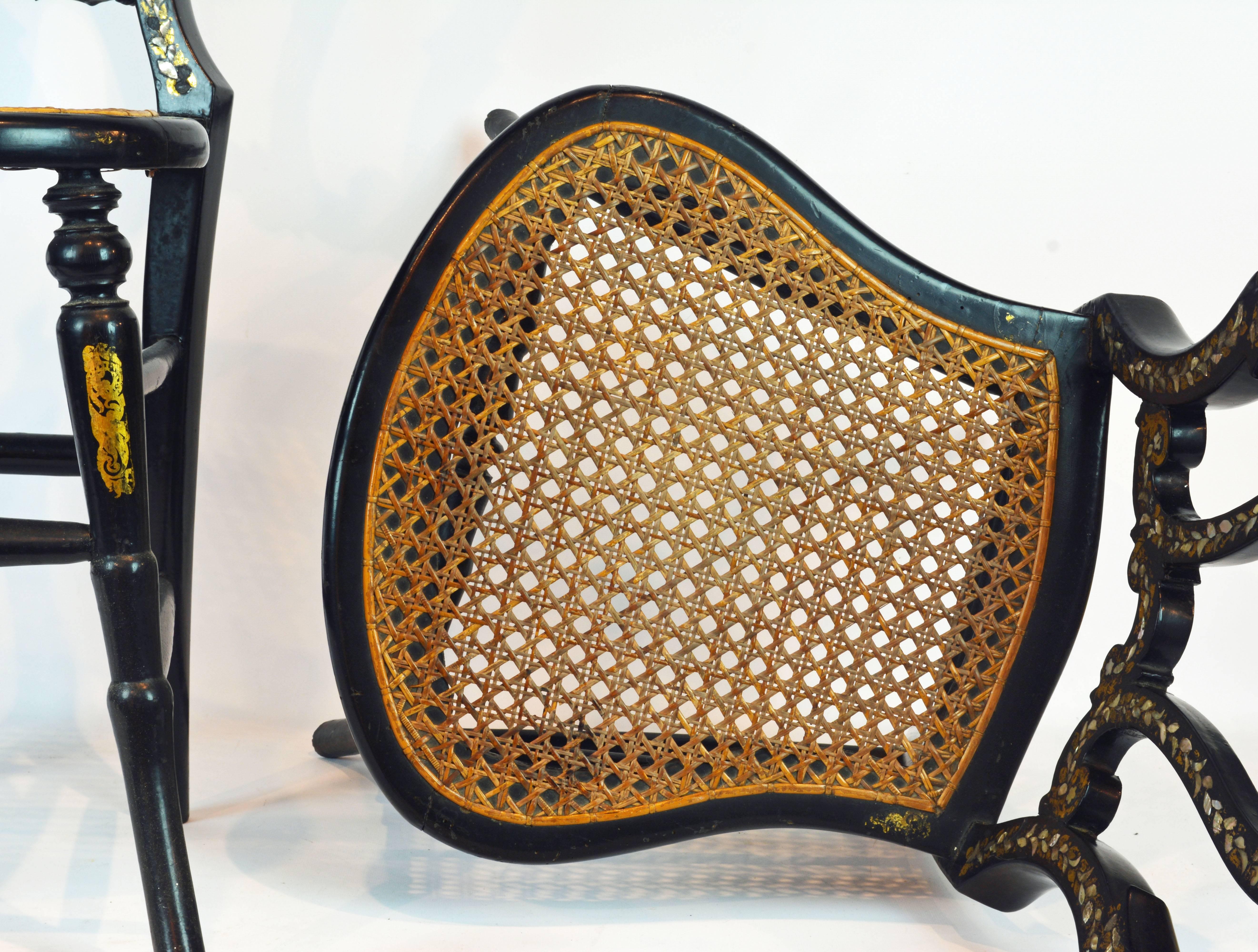 Pair of Lovely 19th Century Ebonized and Mother-of-Pearl Inlaid Bedroom Chairs 3