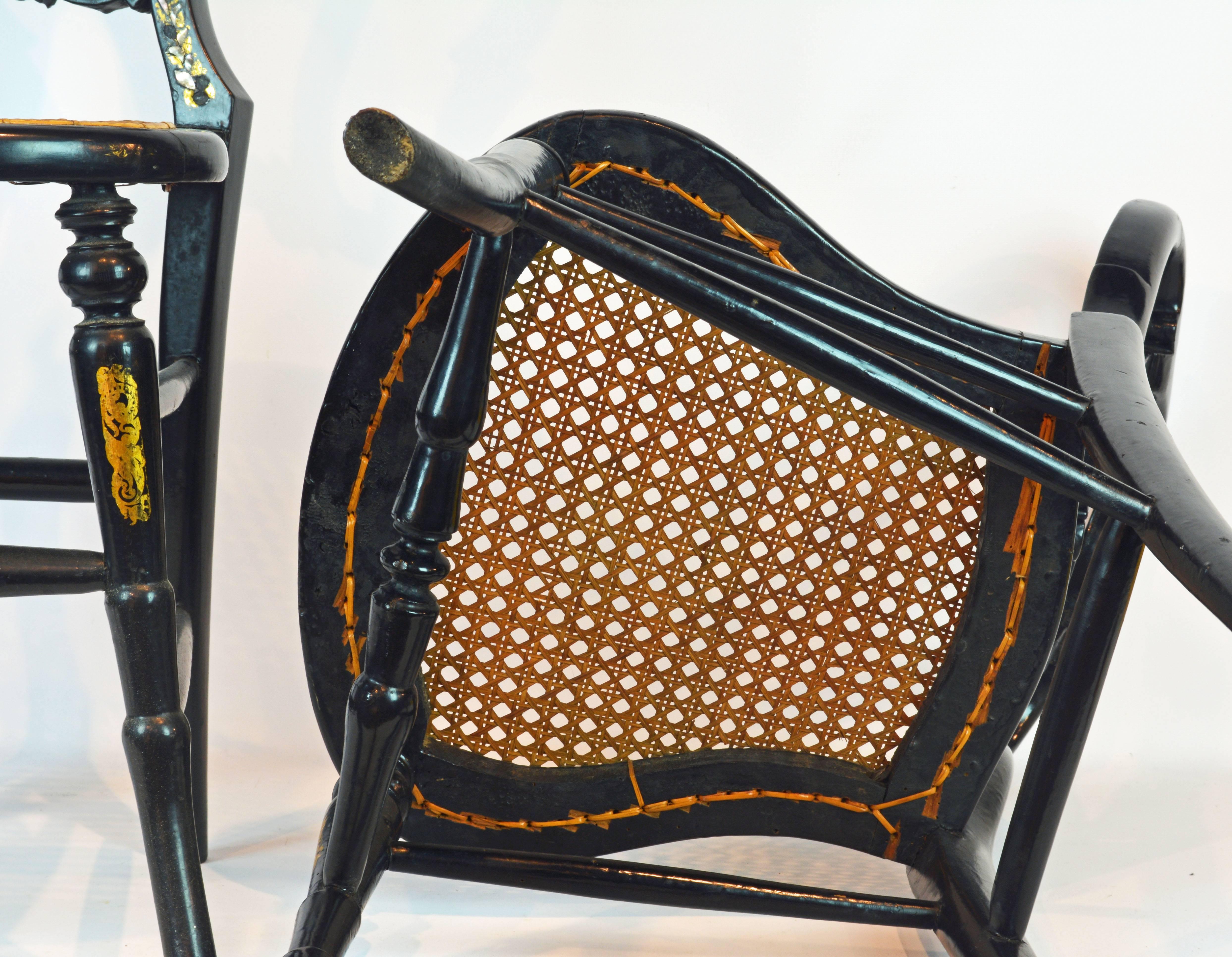 Pair of Lovely 19th Century Ebonized and Mother-of-Pearl Inlaid Bedroom Chairs 4