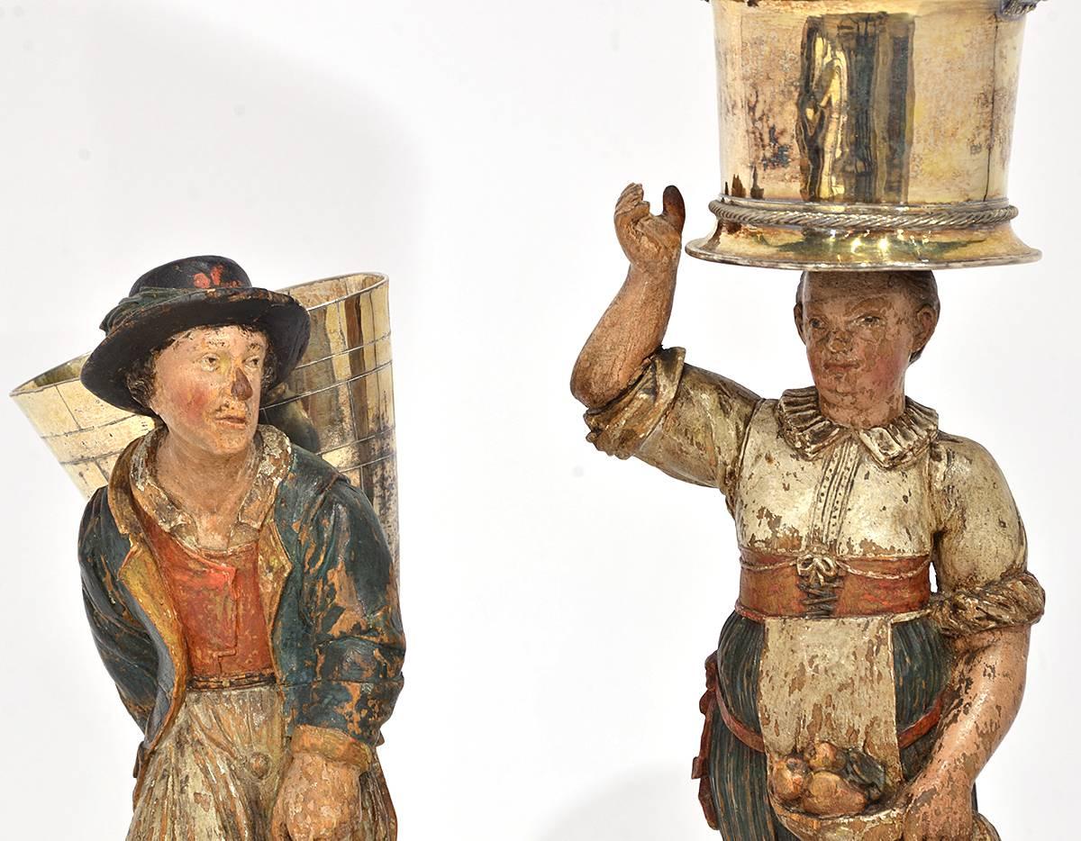 Late 18th century. Italian carved wood figures. Rare pair with beautiful paint. Good condition based on age.
