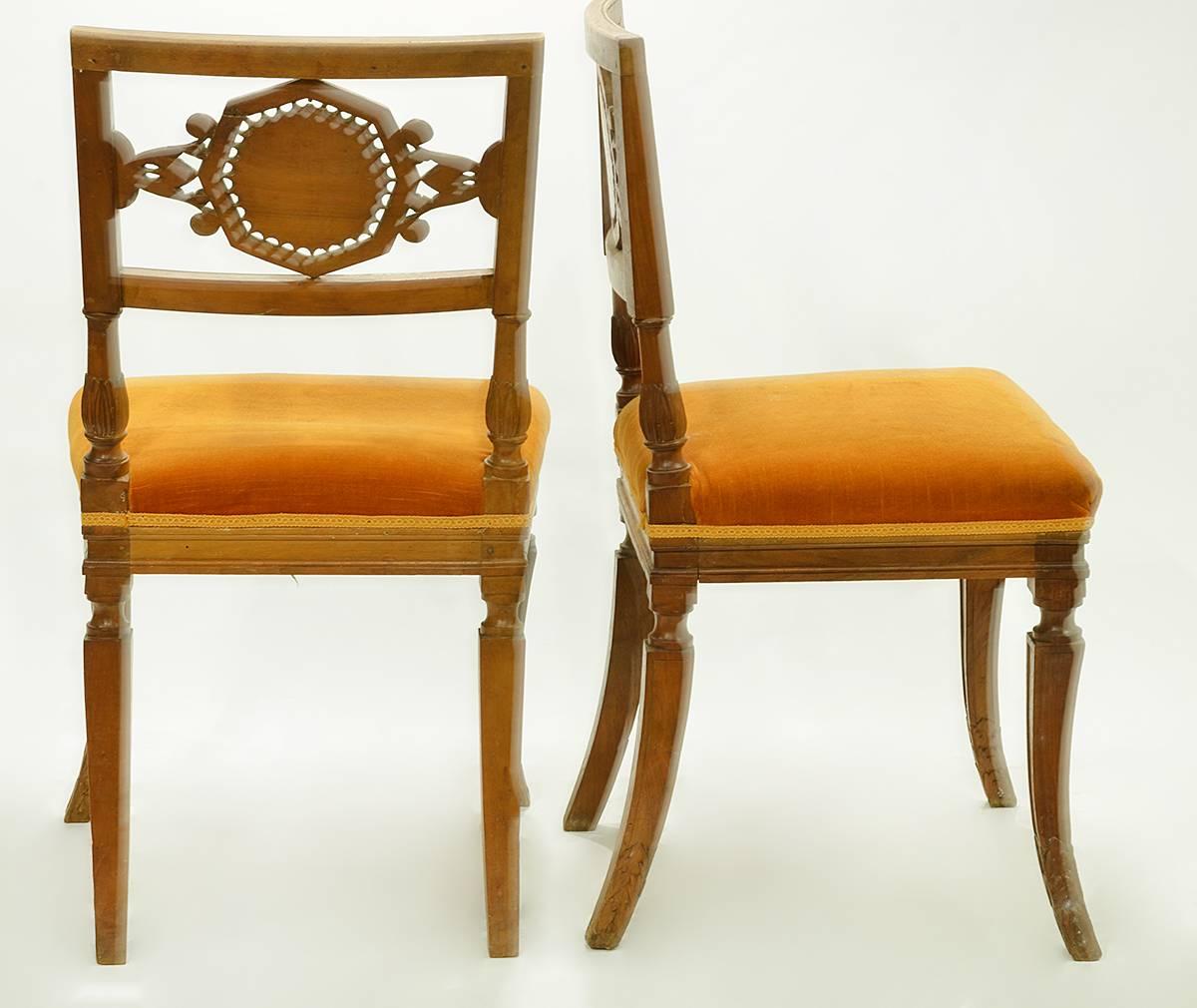 Fabric Pair of Rare Early 19th Century Italian Neoclassical Carved Walnut Side Chairs