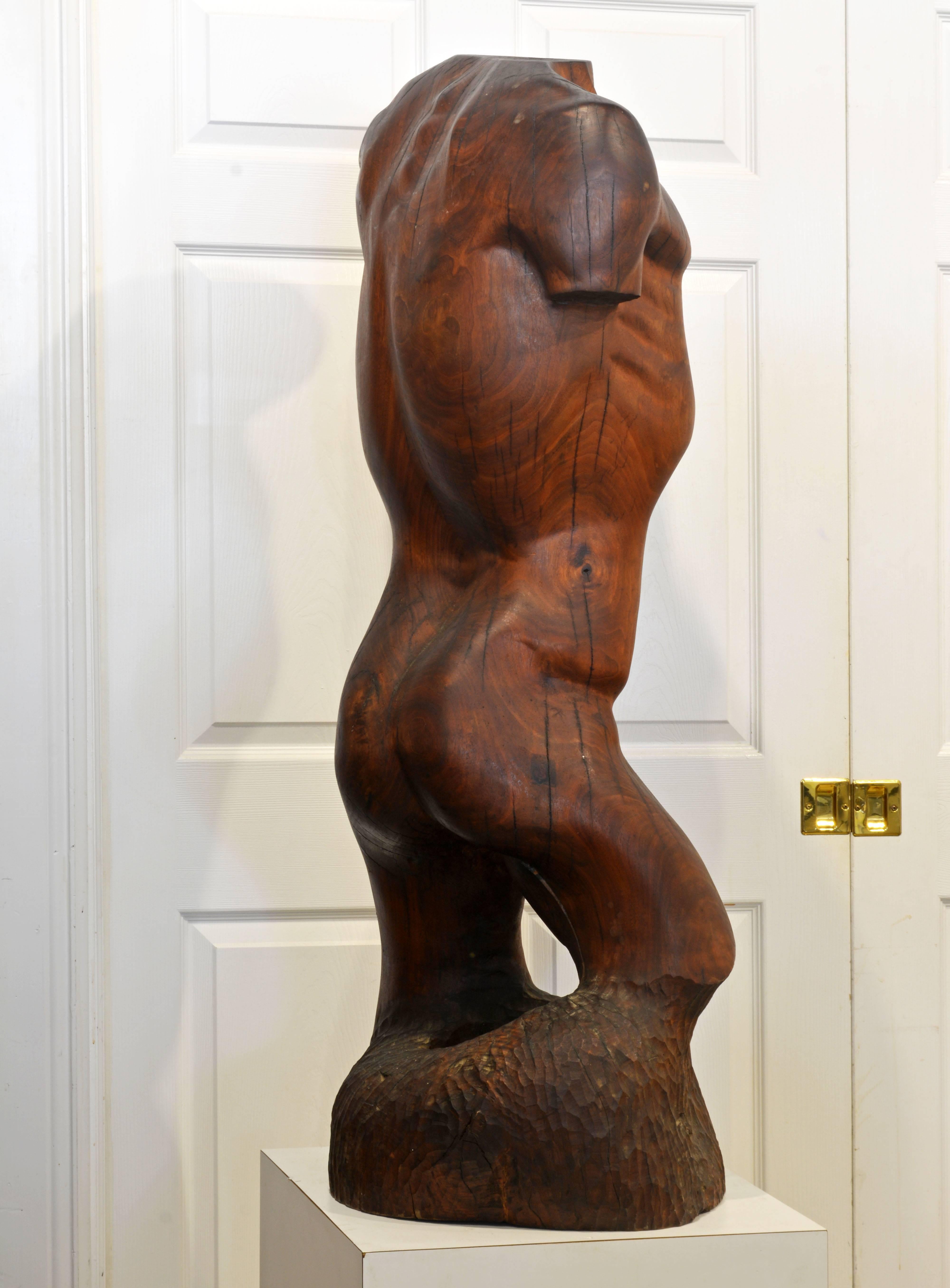 Mid-Century Modern Expressive Lifesize Hardwood Statue of Male Nude by Dennis Penessa