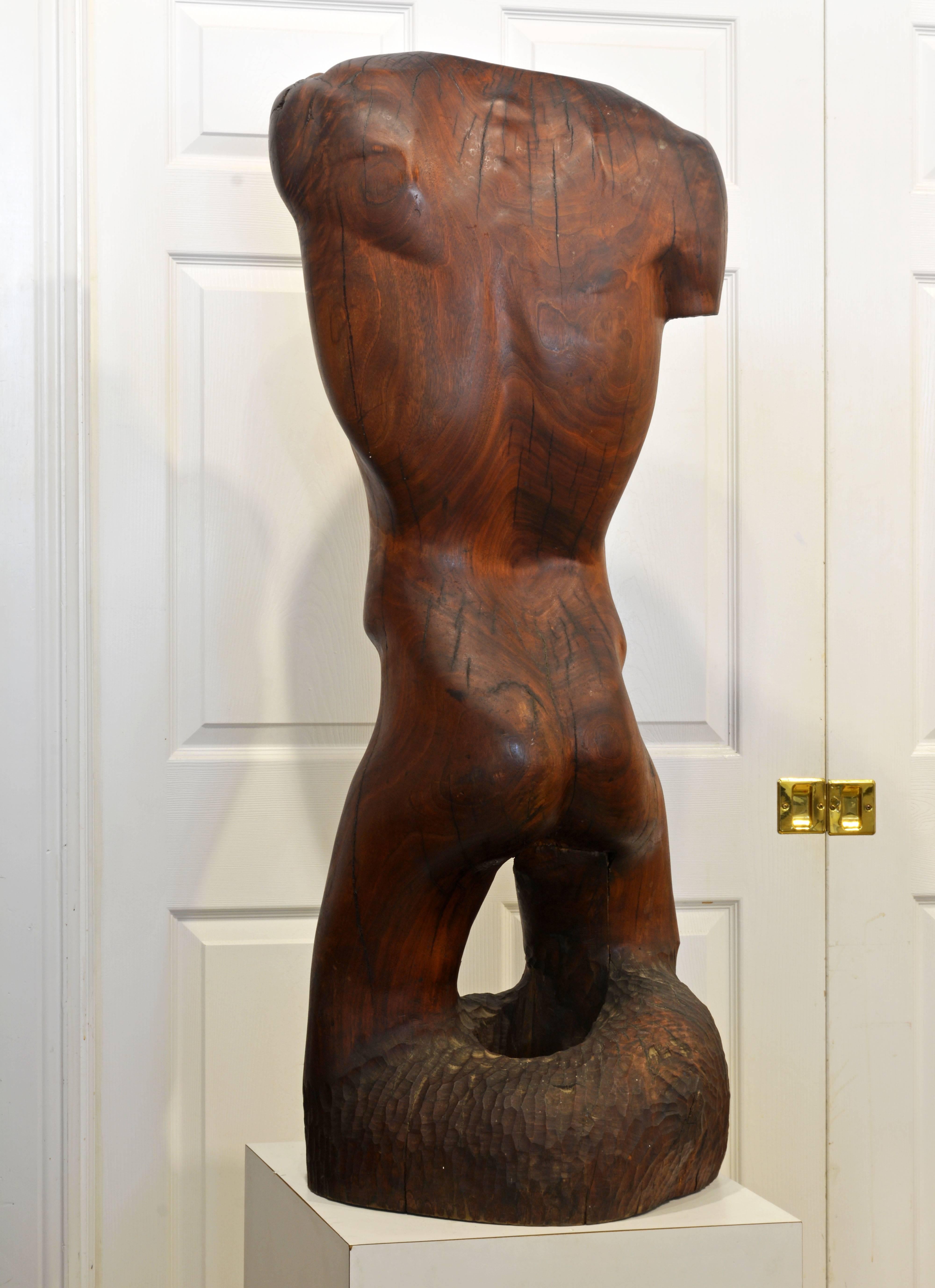 American Expressive Lifesize Hardwood Statue of Male Nude by Dennis Penessa