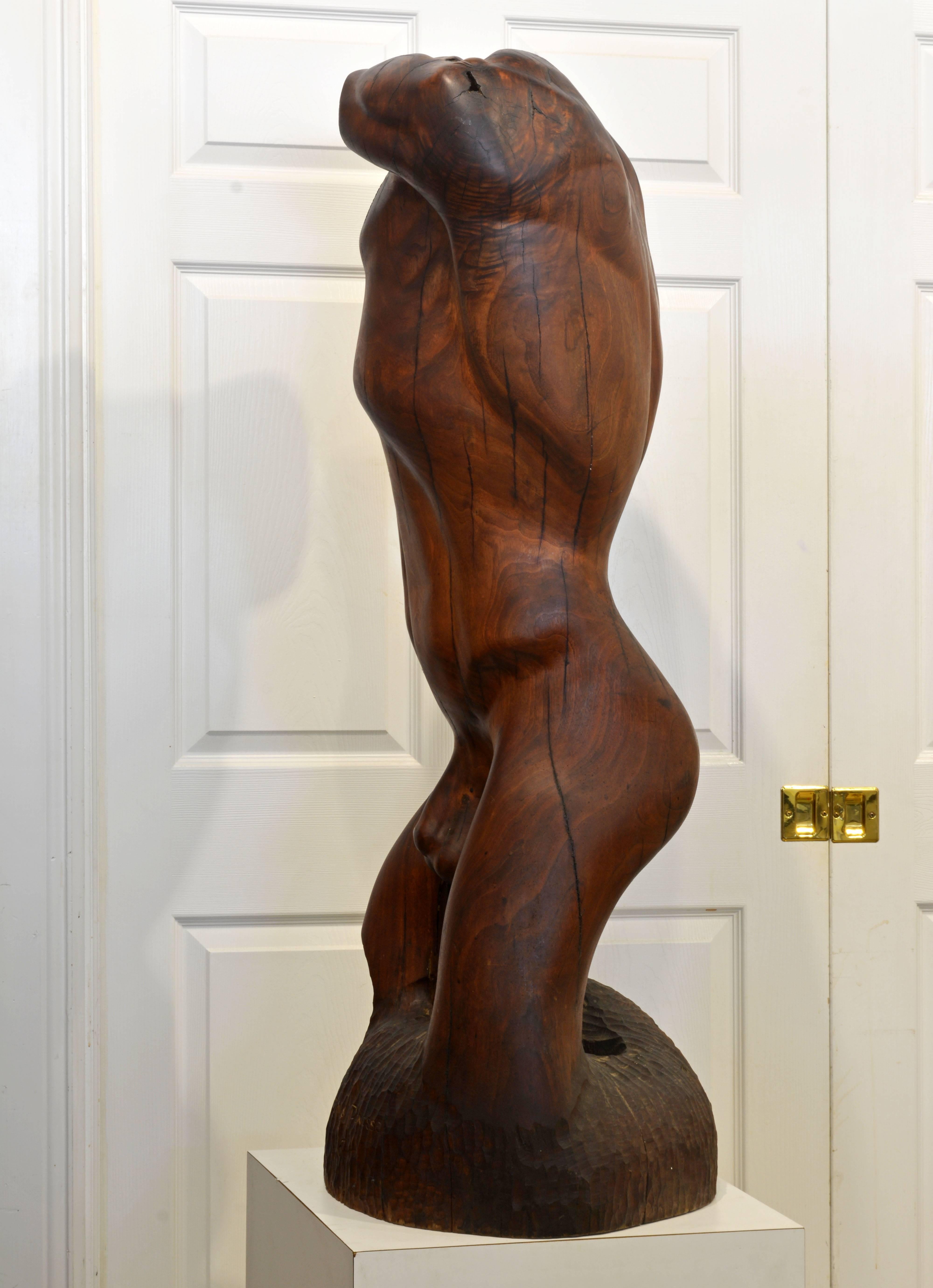 Carved Expressive Lifesize Hardwood Statue of Male Nude by Dennis Penessa