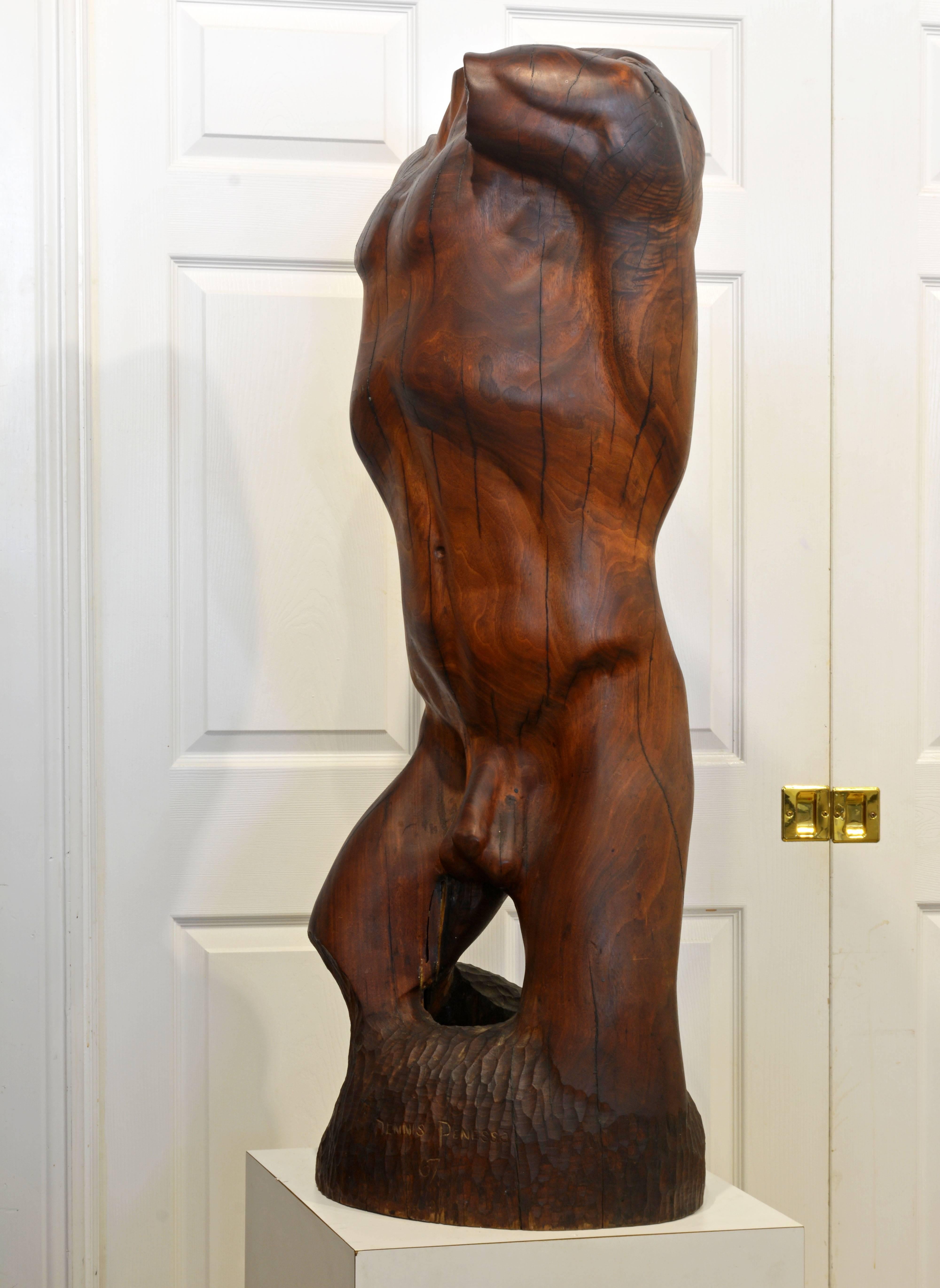 Expressive Lifesize Hardwood Statue of Male Nude by Dennis Penessa In Good Condition In Ft. Lauderdale, FL