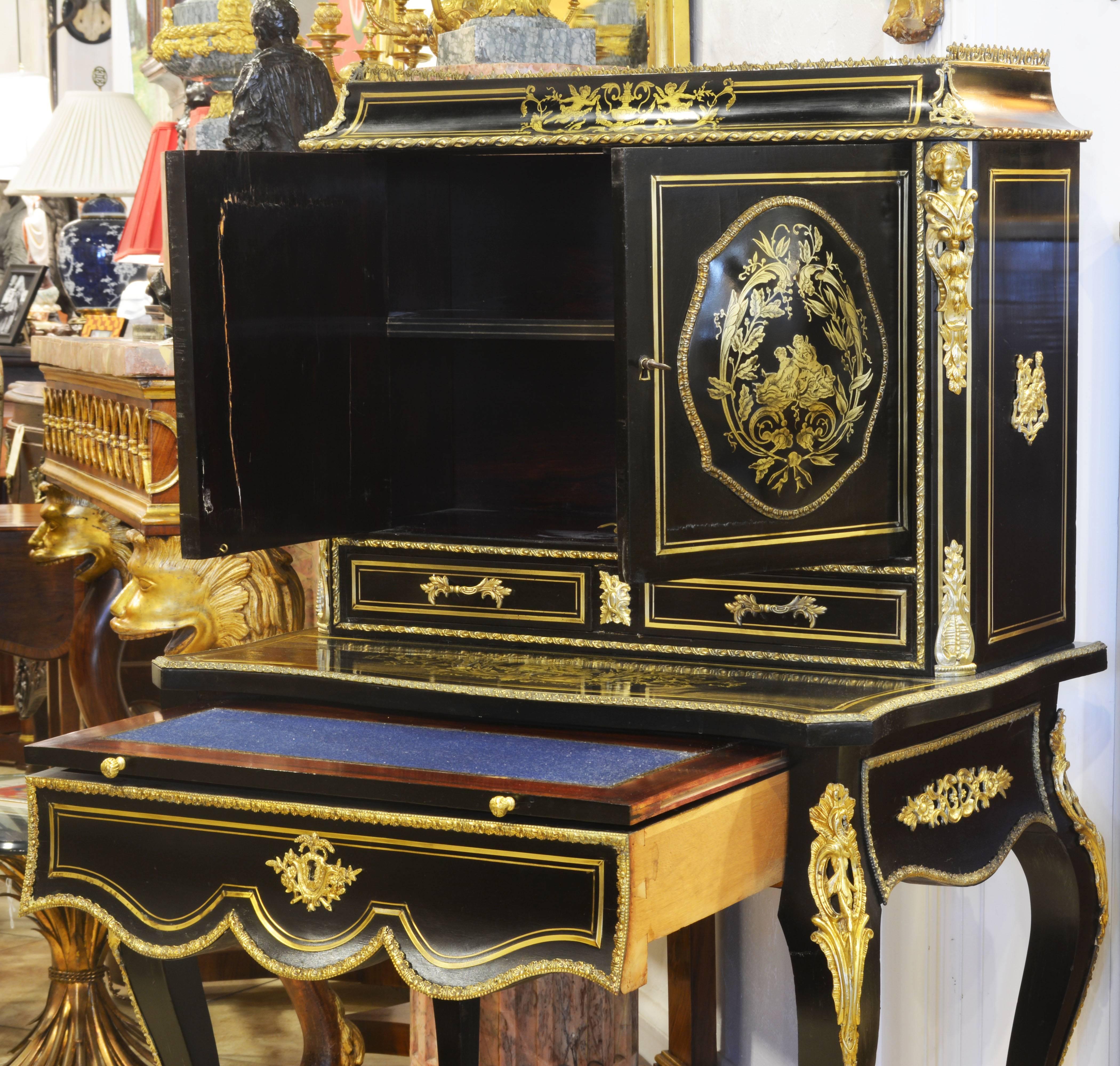 French Napoleon III Ebonized and Boulle Style Brass Inlaid Bonheur Du Jour Writing Desk