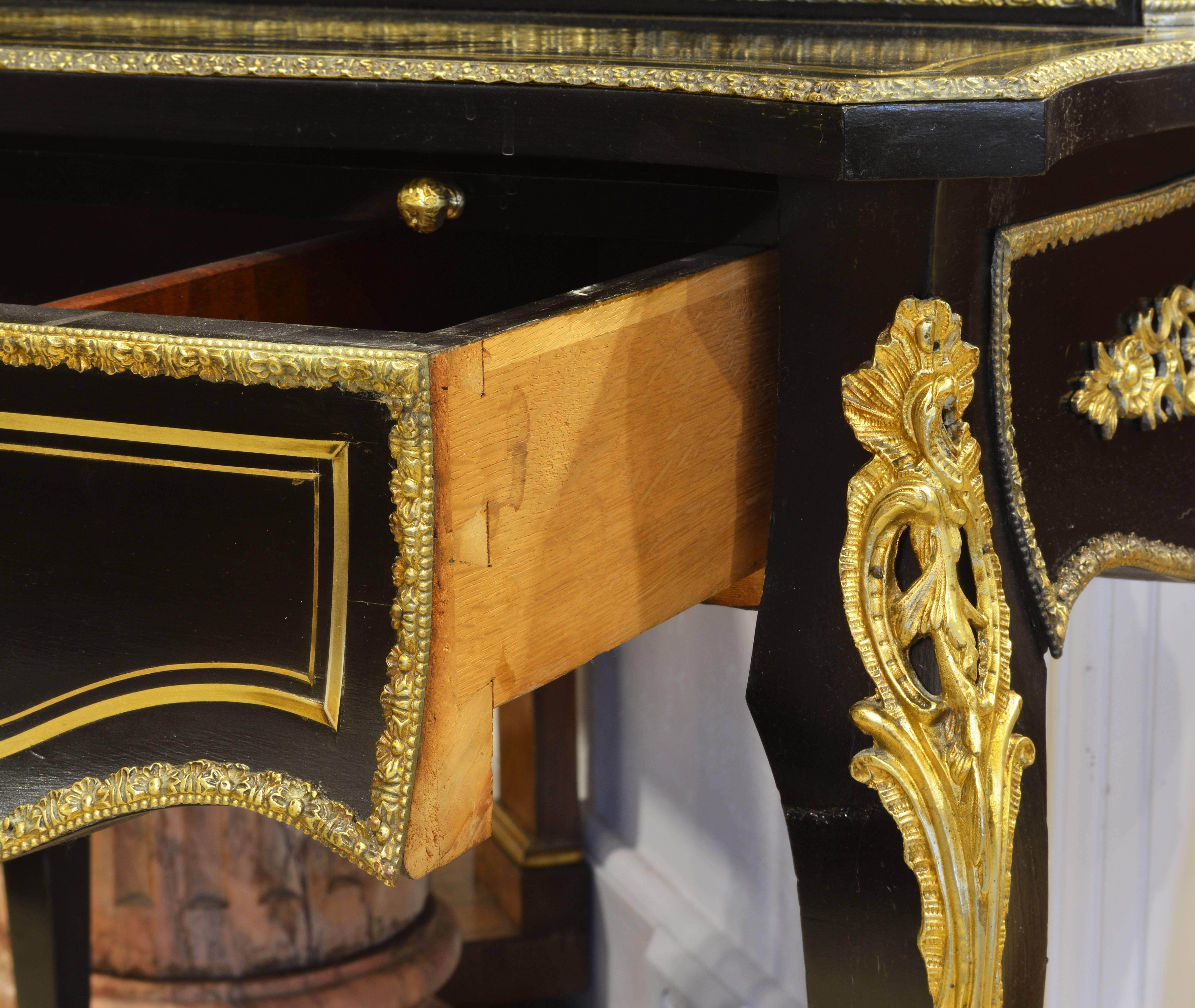 Napoleon III Ebonized and Boulle Style Brass Inlaid Bonheur Du Jour Writing Desk In Good Condition In Ft. Lauderdale, FL