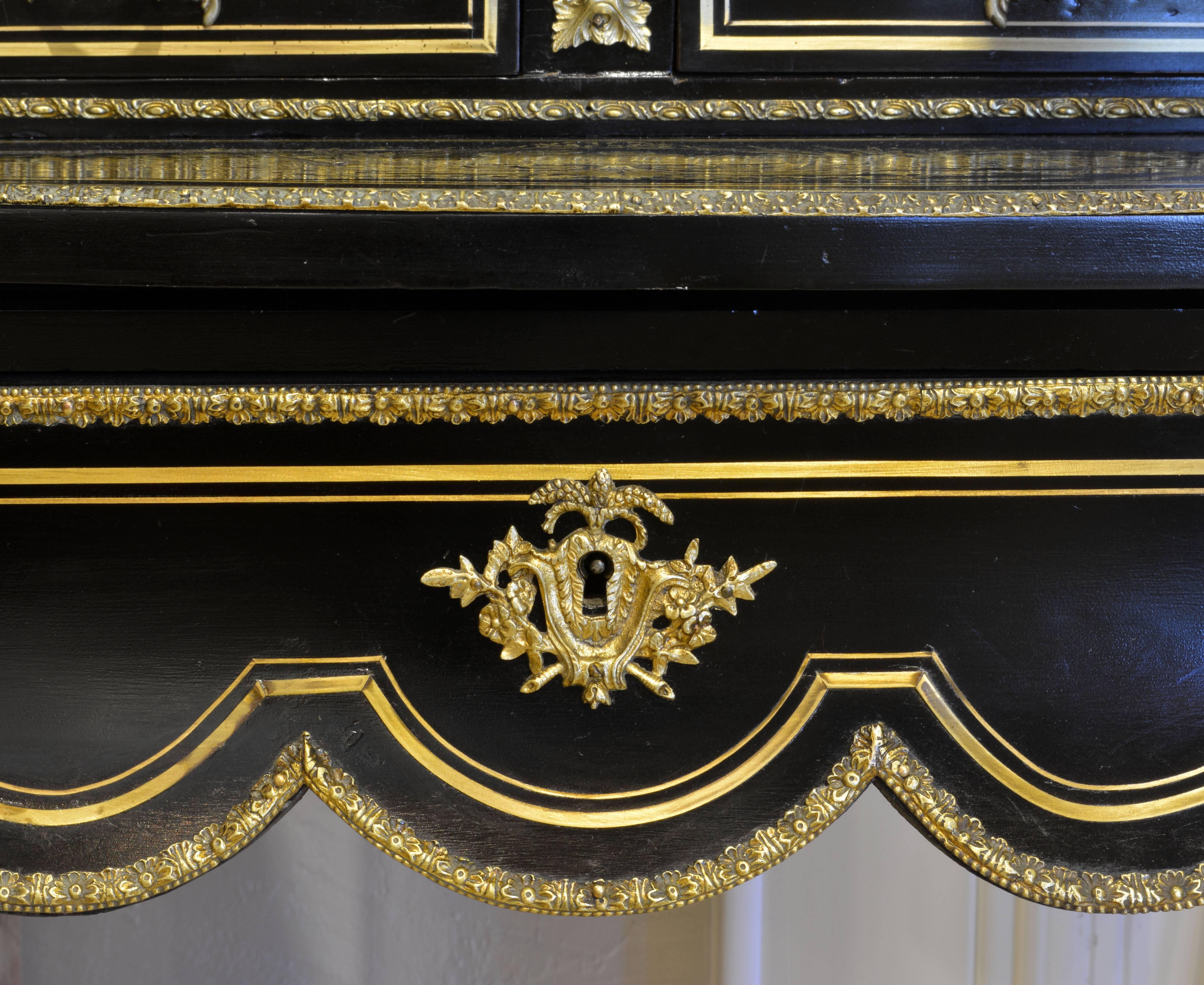 19th Century Napoleon III Ebonized and Boulle Style Brass Inlaid Bonheur Du Jour Writing Desk