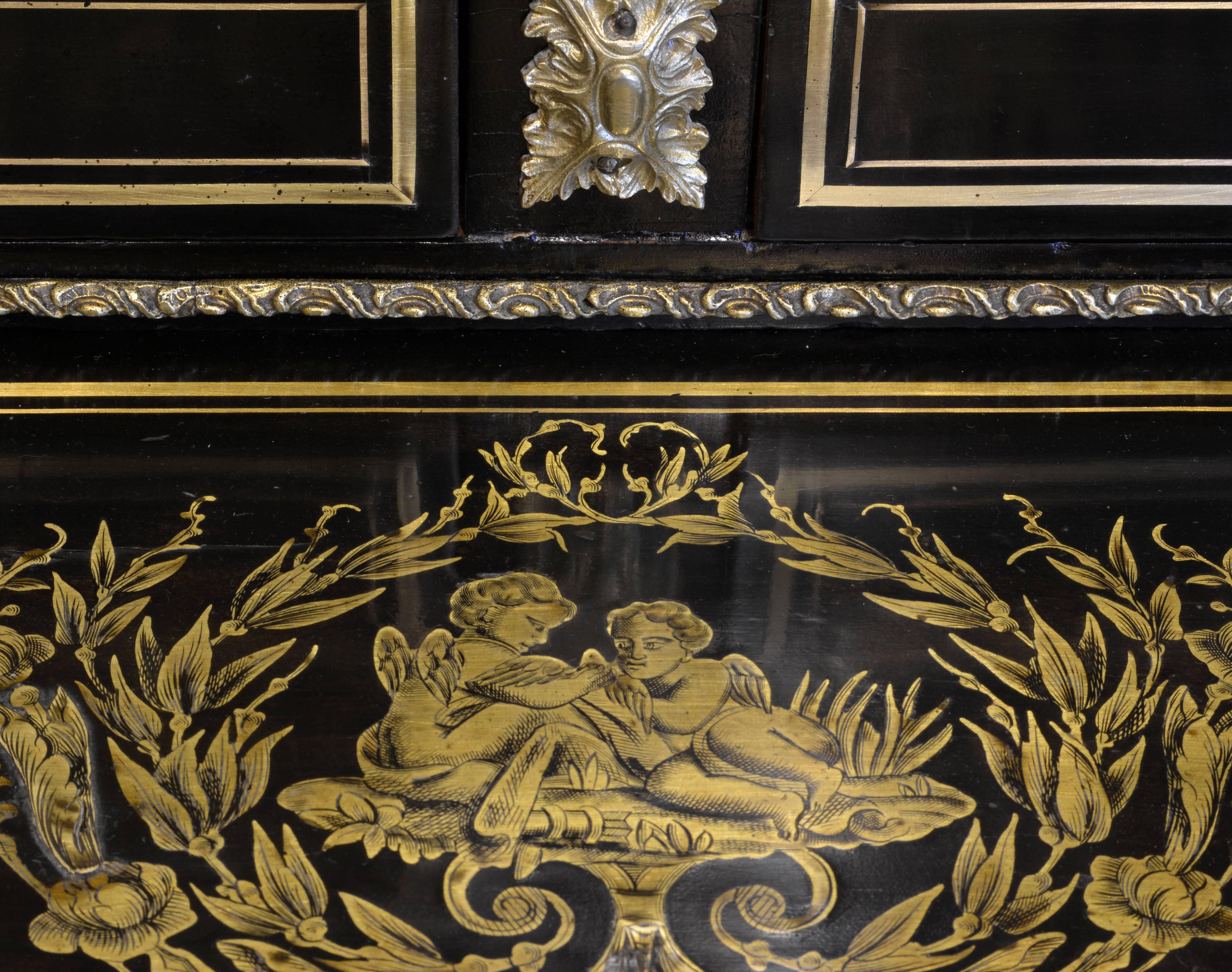 Napoleon III Ebonized and Boulle Style Brass Inlaid Bonheur Du Jour Writing Desk 2