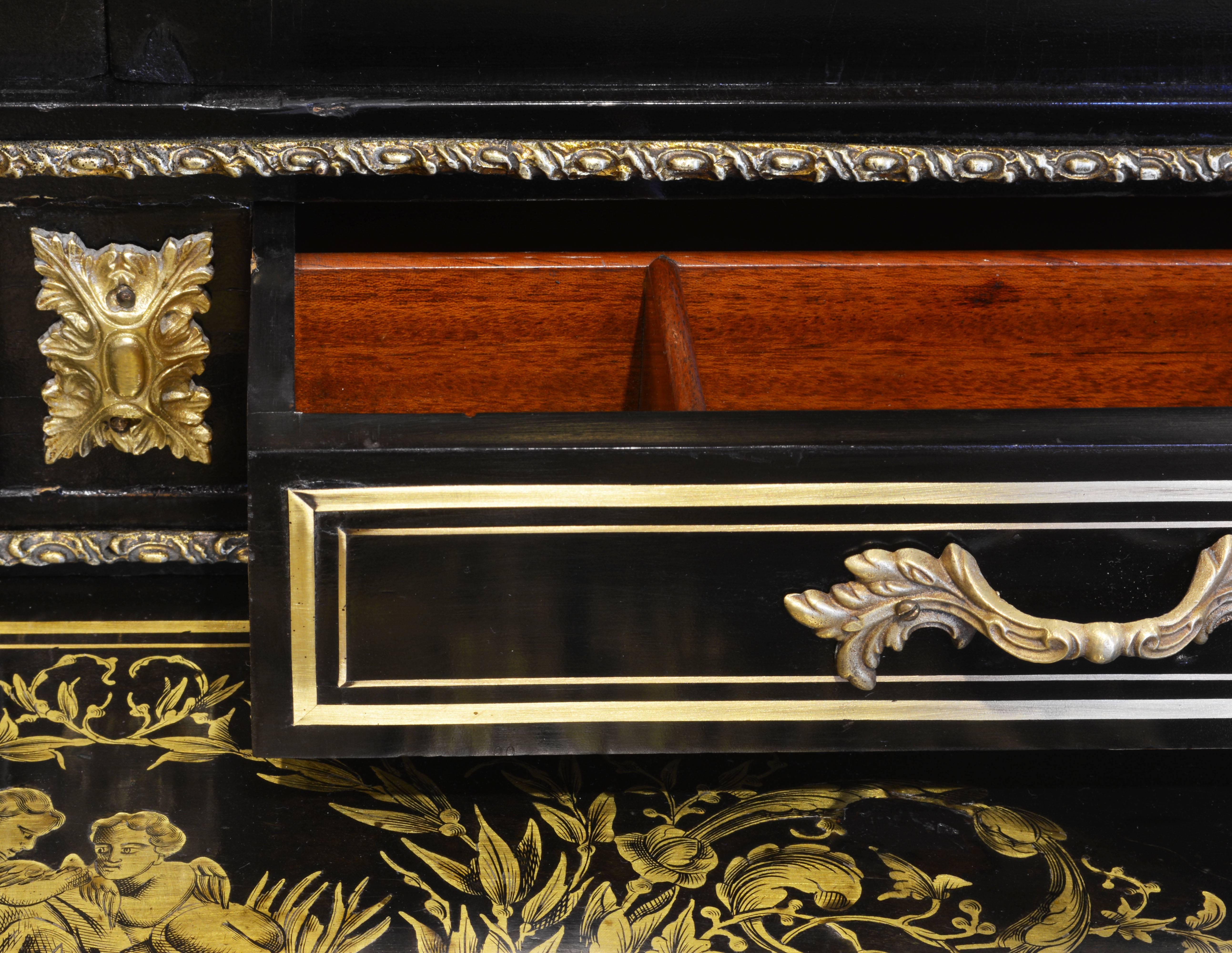 Napoleon III Ebonized and Boulle Style Brass Inlaid Bonheur Du Jour Writing Desk 3