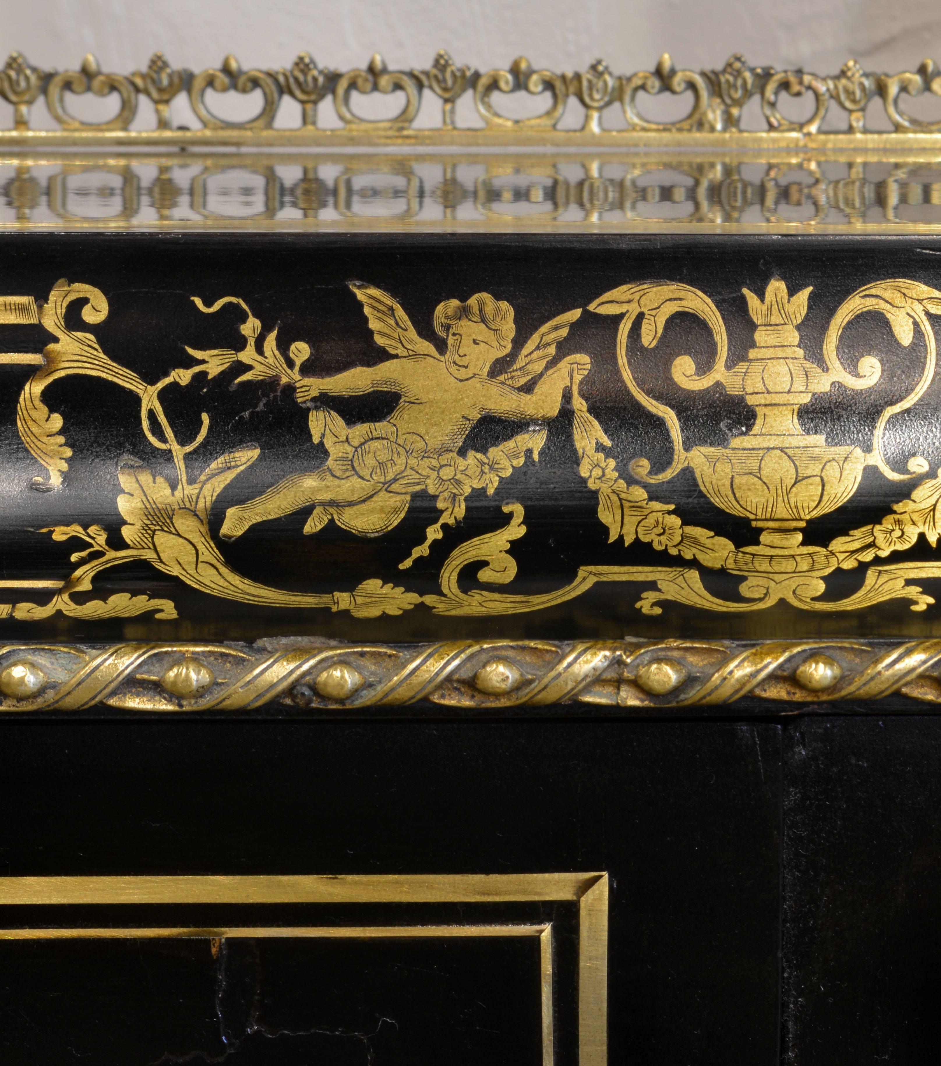 Napoleon III Ebonized and Boulle Style Brass Inlaid Bonheur Du Jour Writing Desk 4