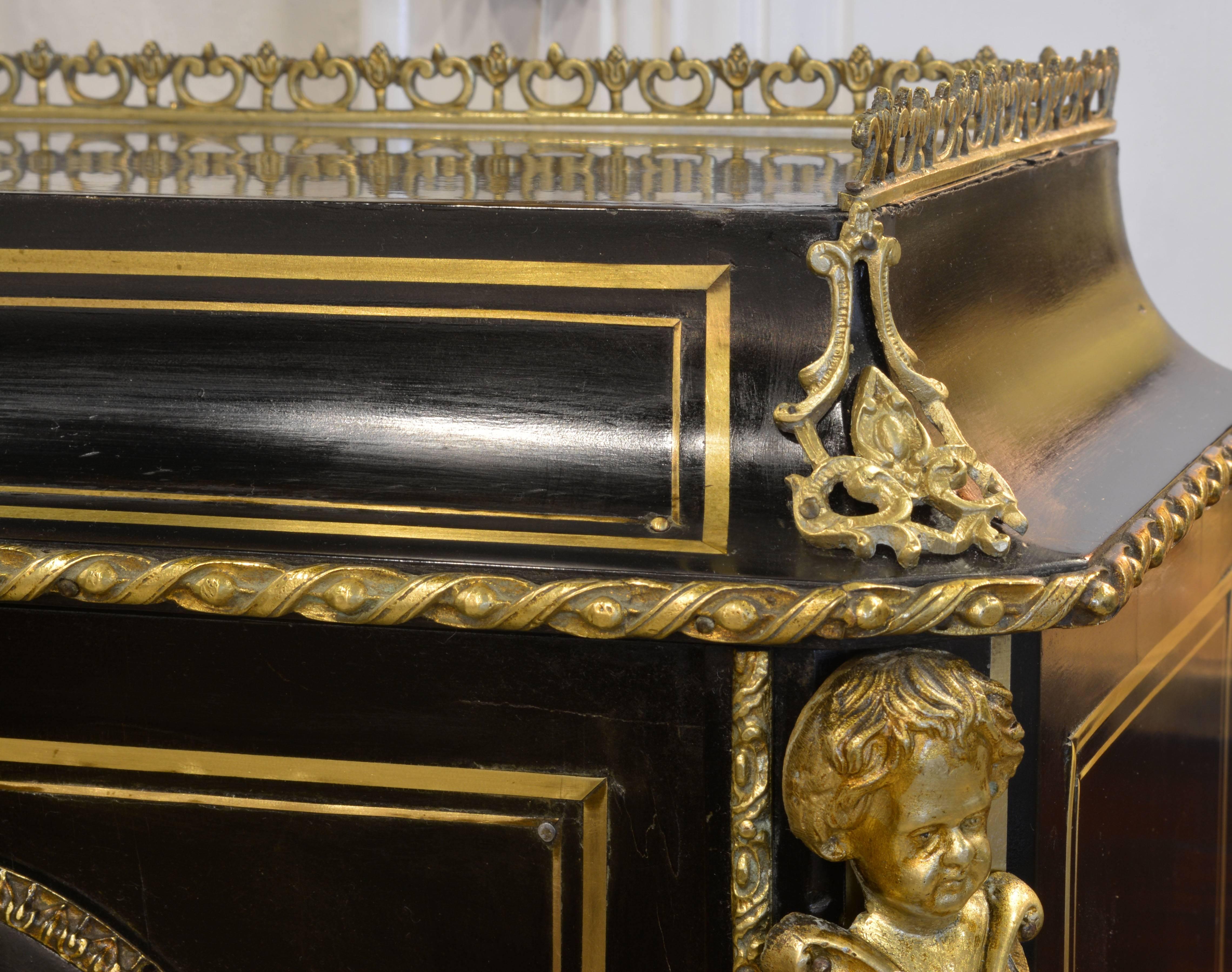 Napoleon III Ebonized and Boulle Style Brass Inlaid Bonheur Du Jour Writing Desk 5