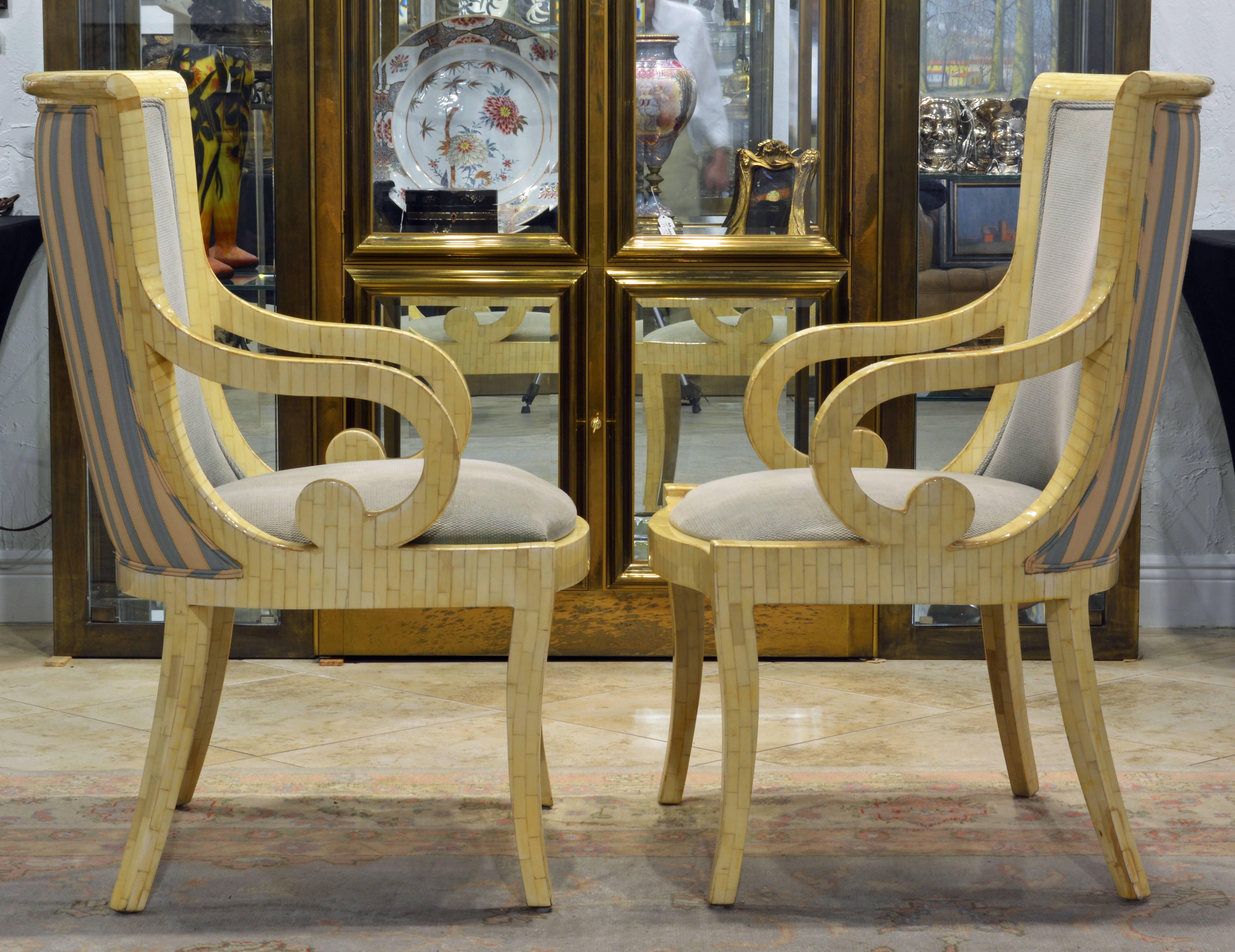 Colombian Pair of Tessellated Neoclassical Style Bone Inlay Armchairs by Enrique Garcel