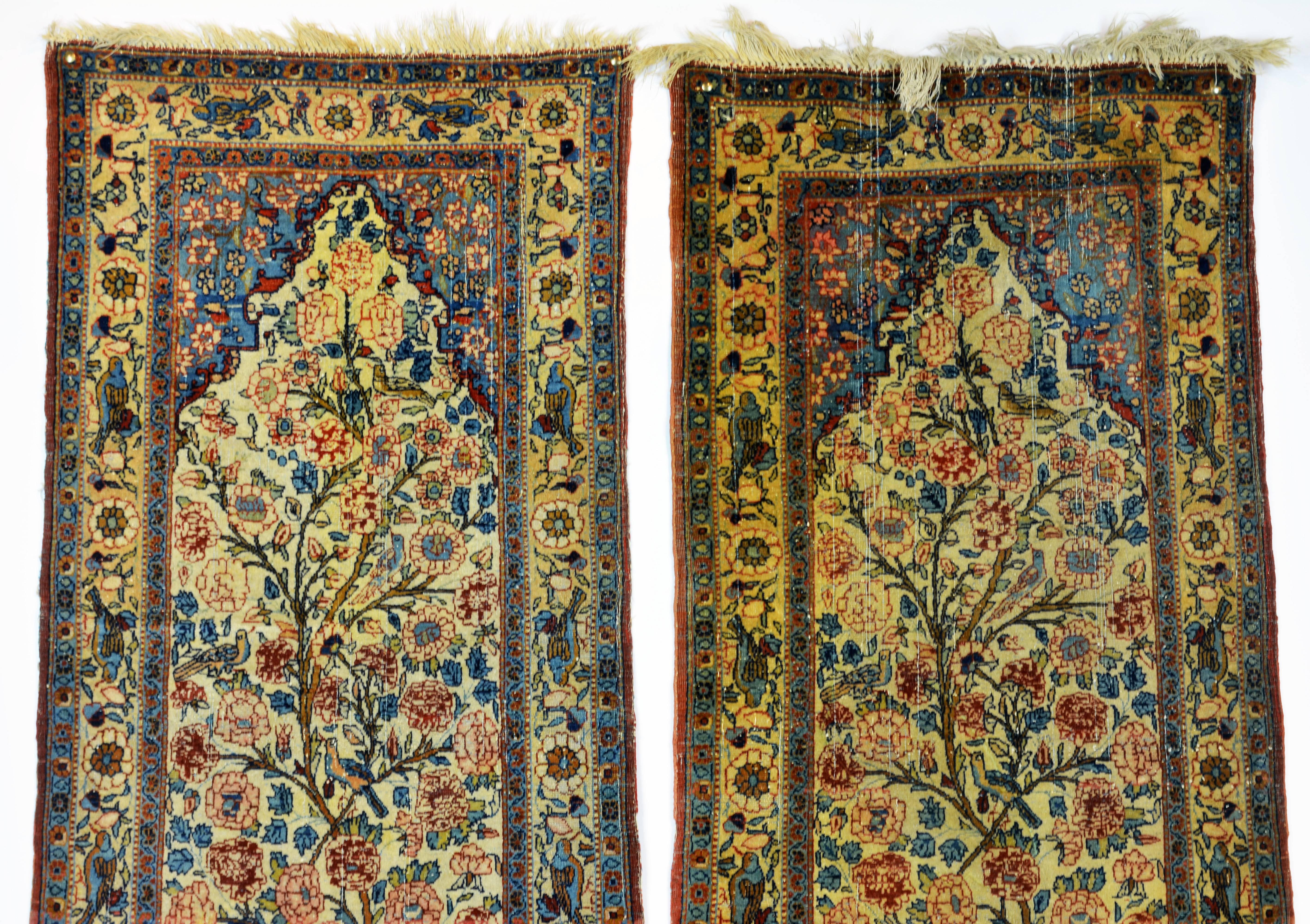 Sarouk Farahan Rare Pair of Antique Lavar Kerman Persian 'Tree of Life' Prayer Carpets