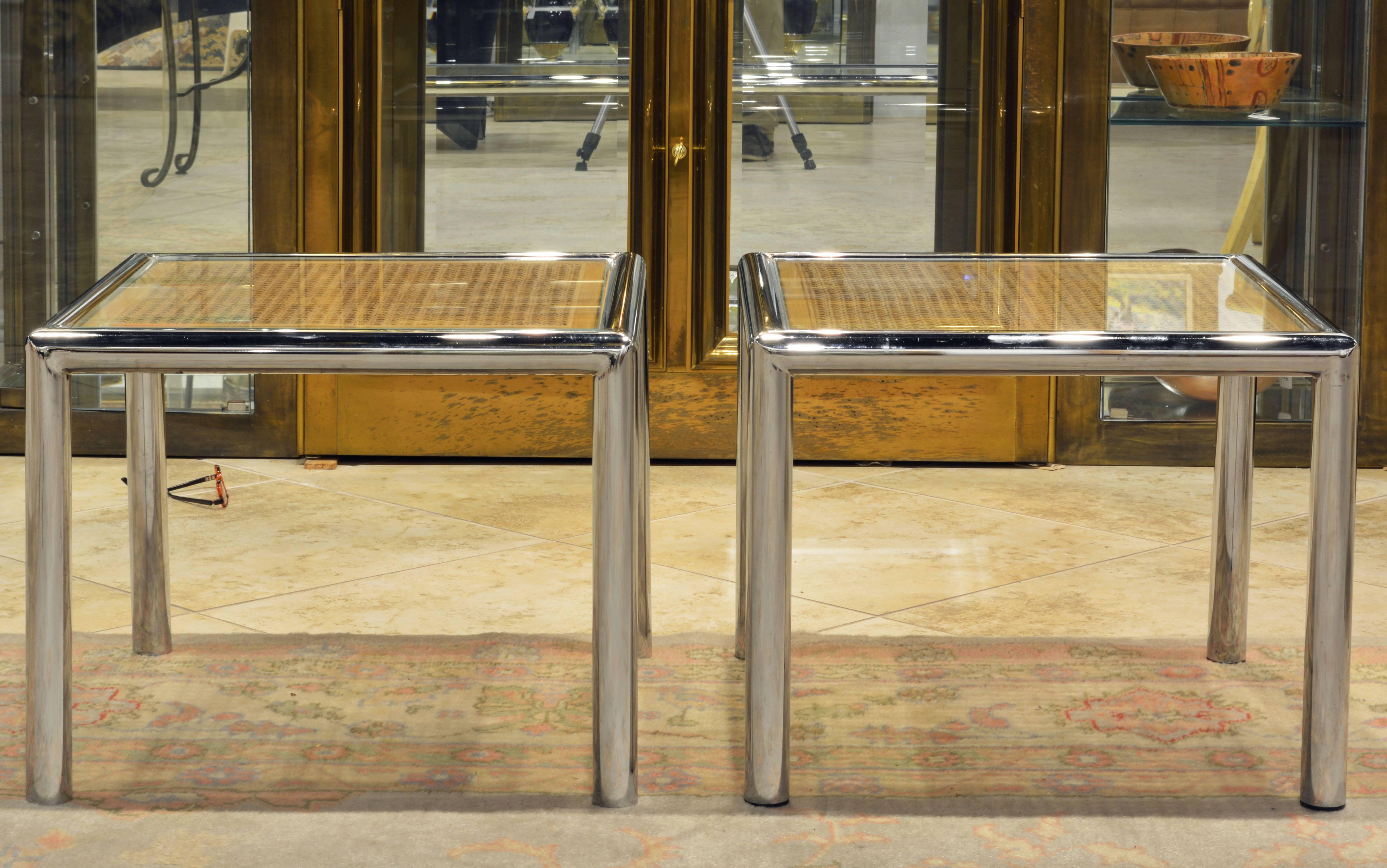 Pair of Tubular Chrome Frame and Caned Glass Top Side Tables by Milo Baughman In Good Condition In Ft. Lauderdale, FL