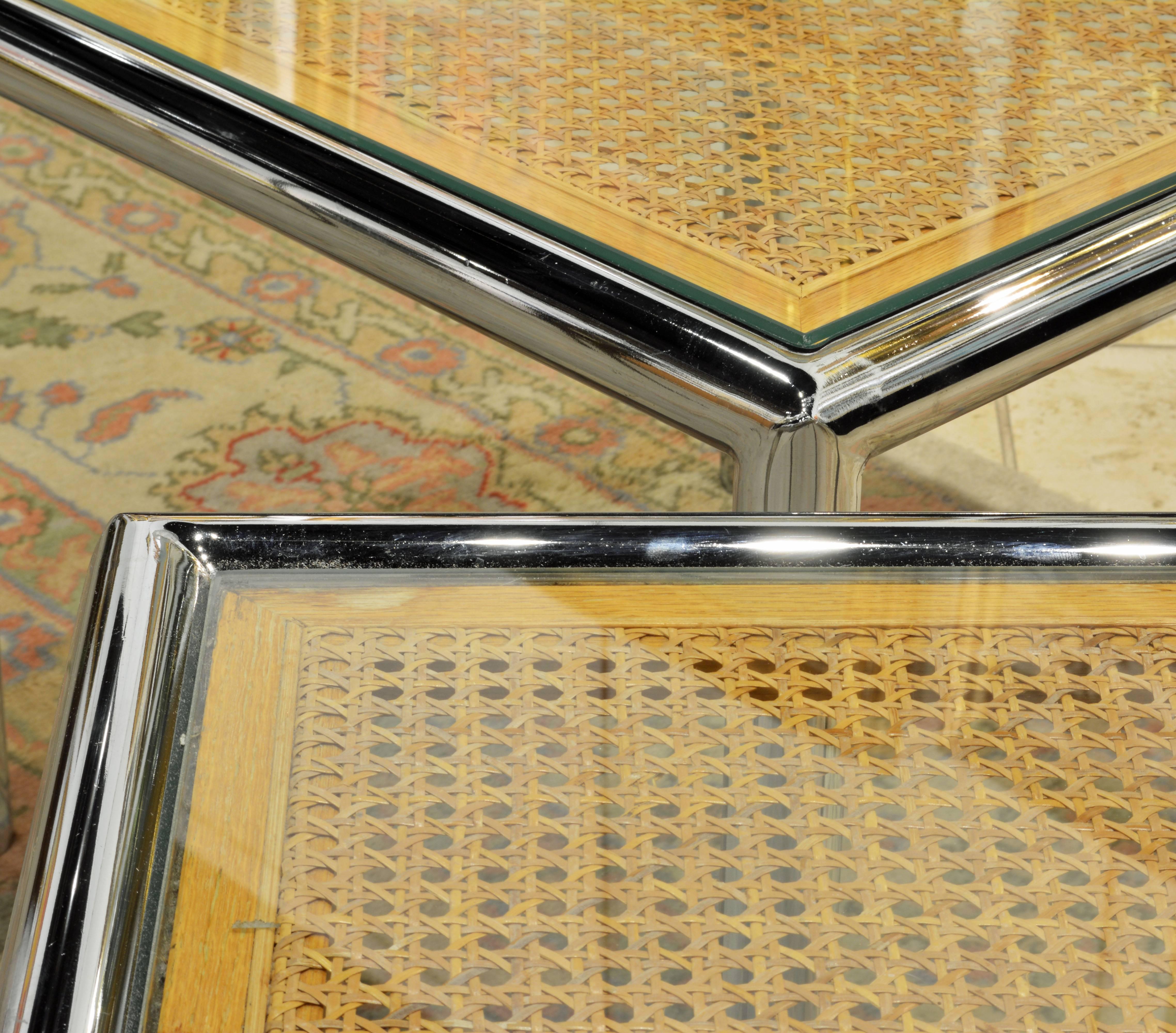 Pair of Tubular Chrome Frame and Caned Glass Top Side Tables by Milo Baughman 2