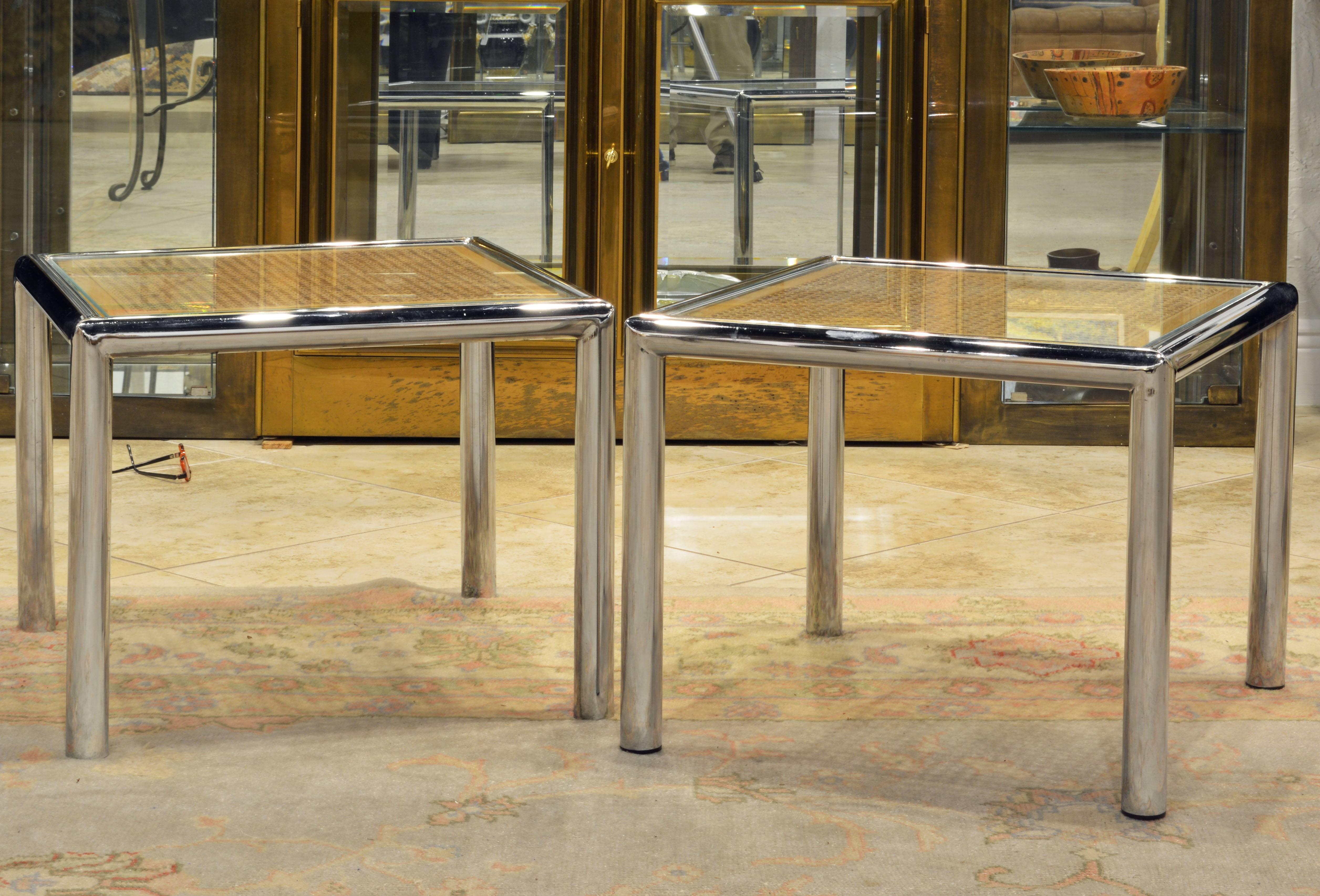 Pair of Tubular Chrome Frame and Caned Glass Top Side Tables by Milo Baughman 3