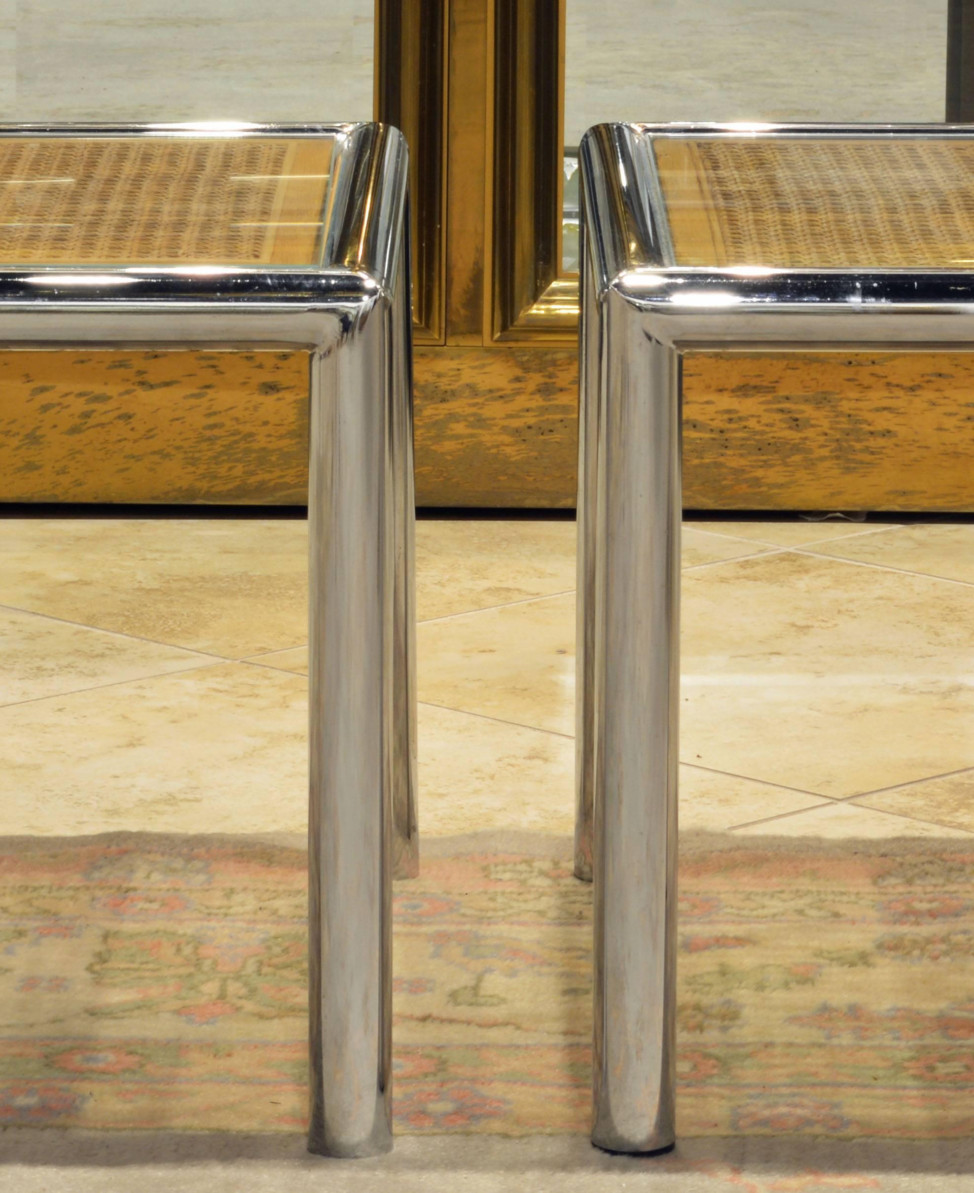 Mid-Century Modern Pair of Tubular Chrome Frame and Caned Glass Top Side Tables by Milo Baughman