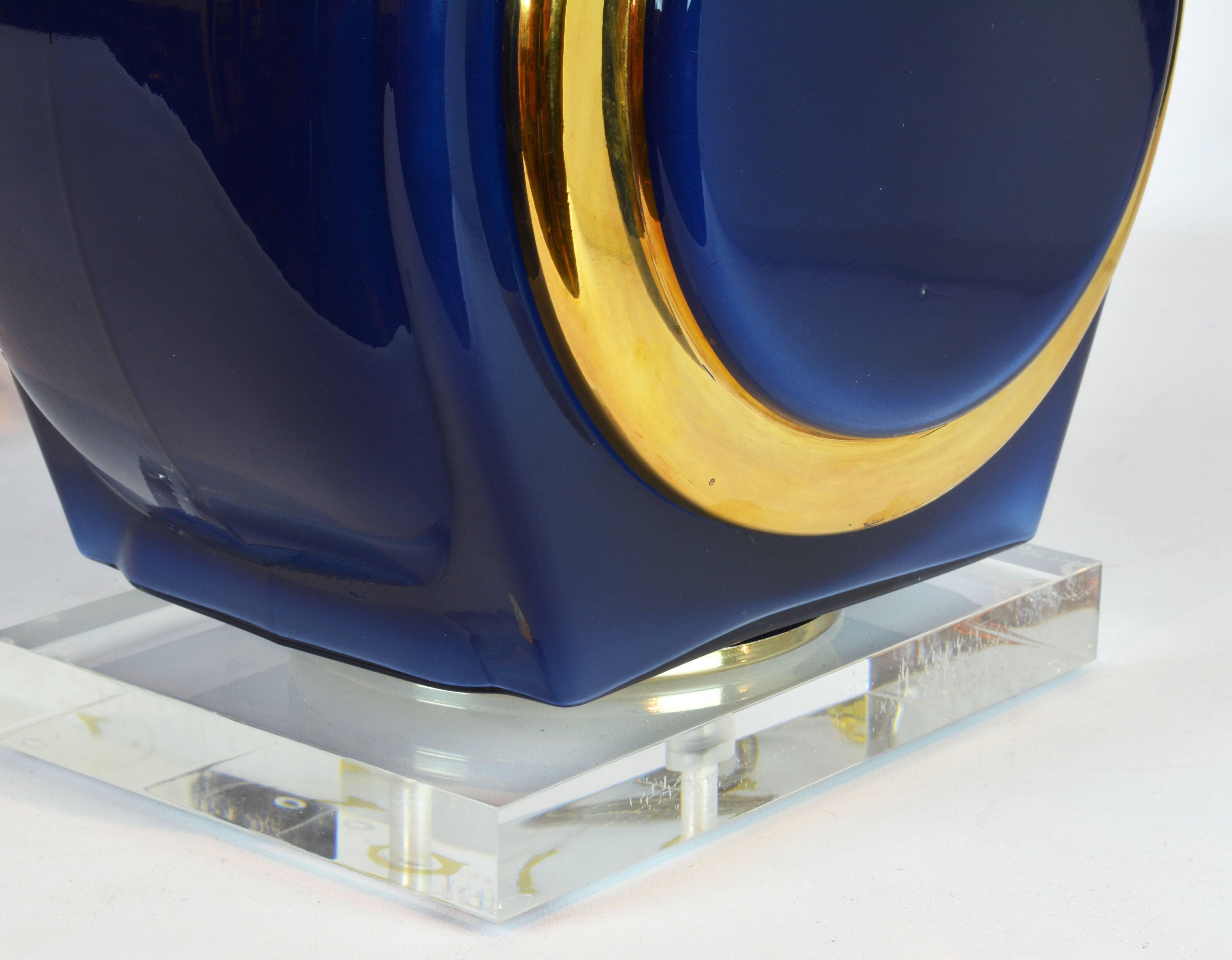 Pair of Classy Mid-Century Modern Cobalt Blue and Gilt Glass Lamps, Lucite Bases 1