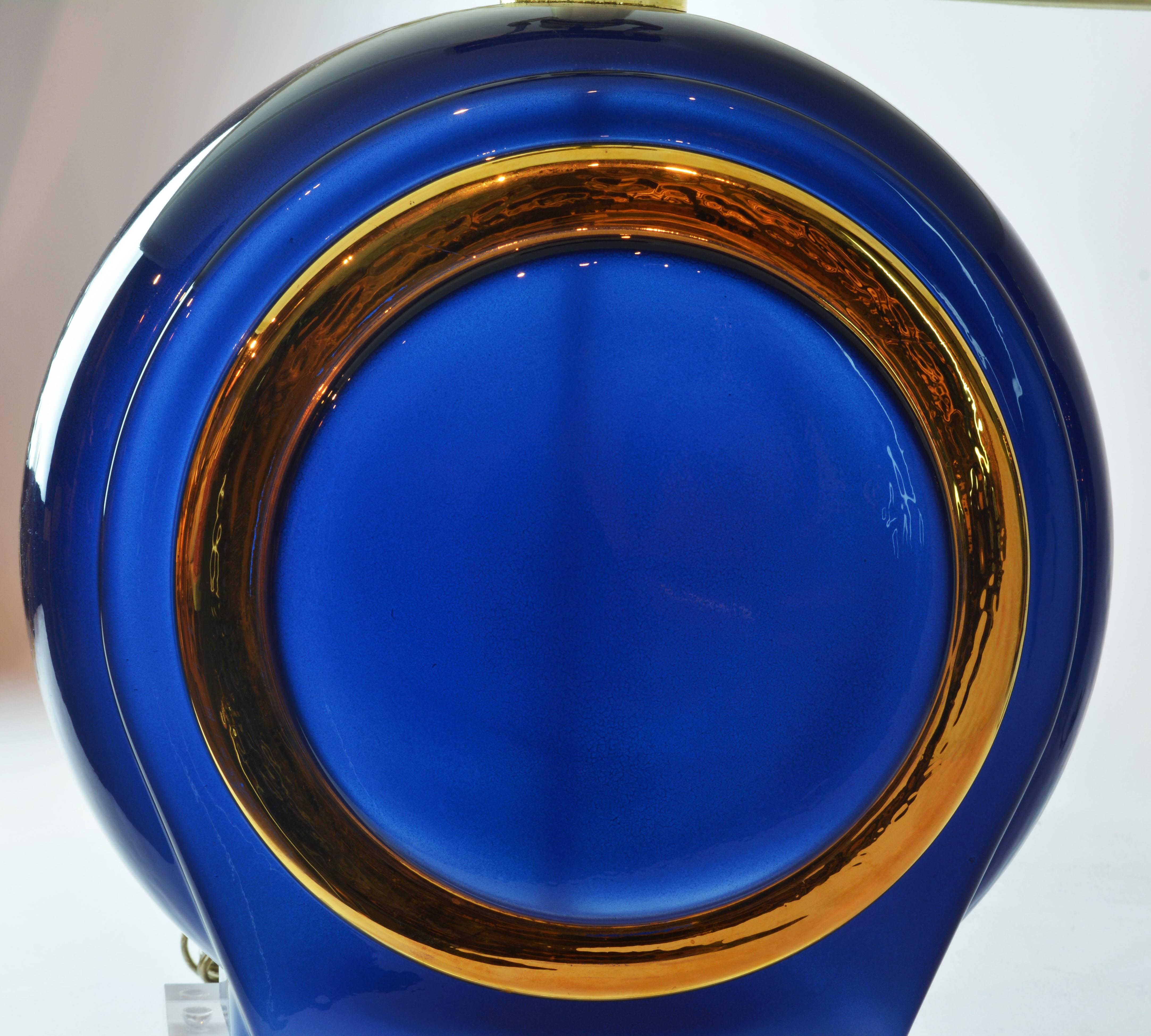 Pair of Classy Mid-Century Modern Cobalt Blue and Gilt Glass Lamps, Lucite Bases 4