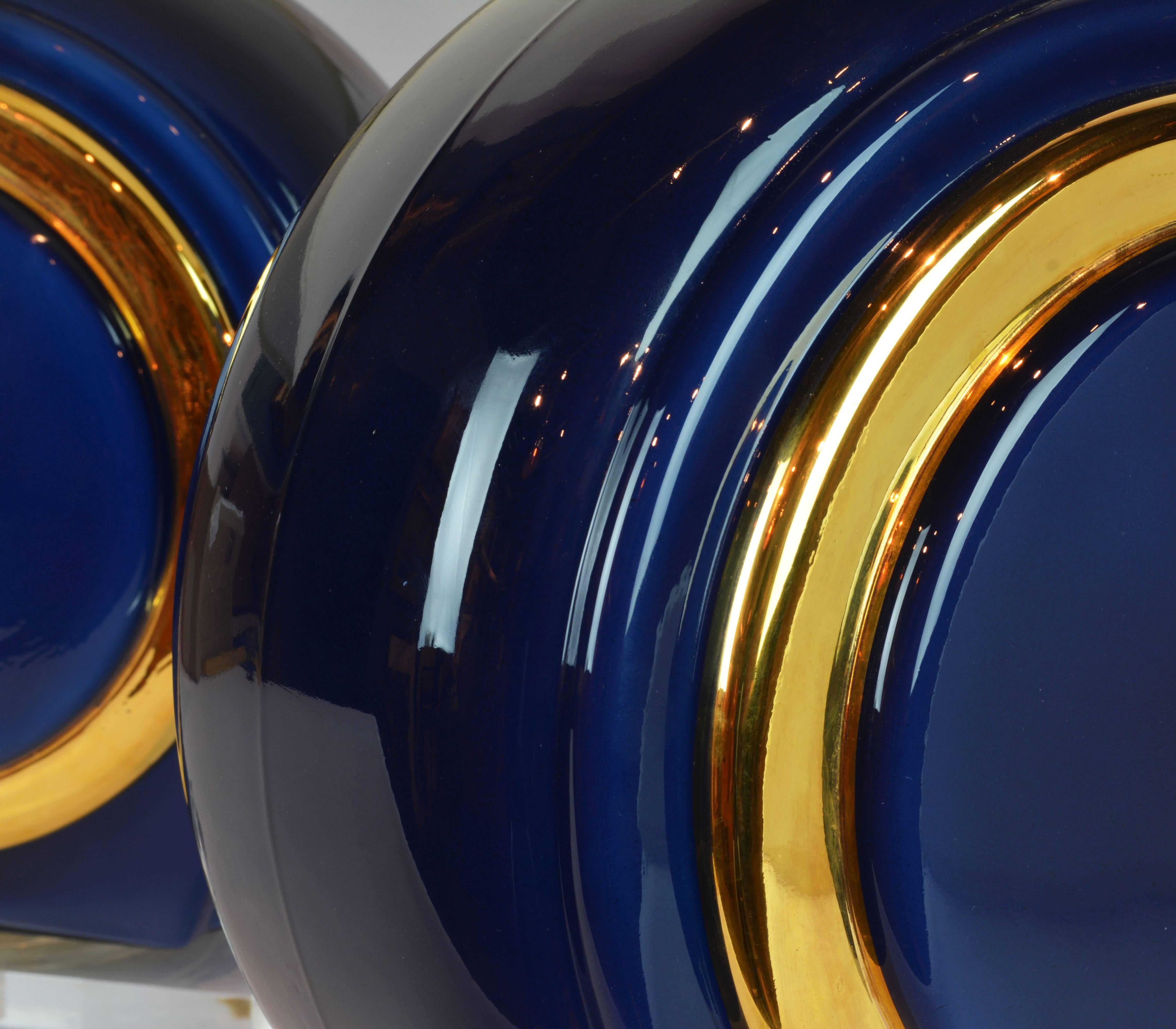 Pair of Classy Mid-Century Modern Cobalt Blue and Gilt Glass Lamps, Lucite Bases 3