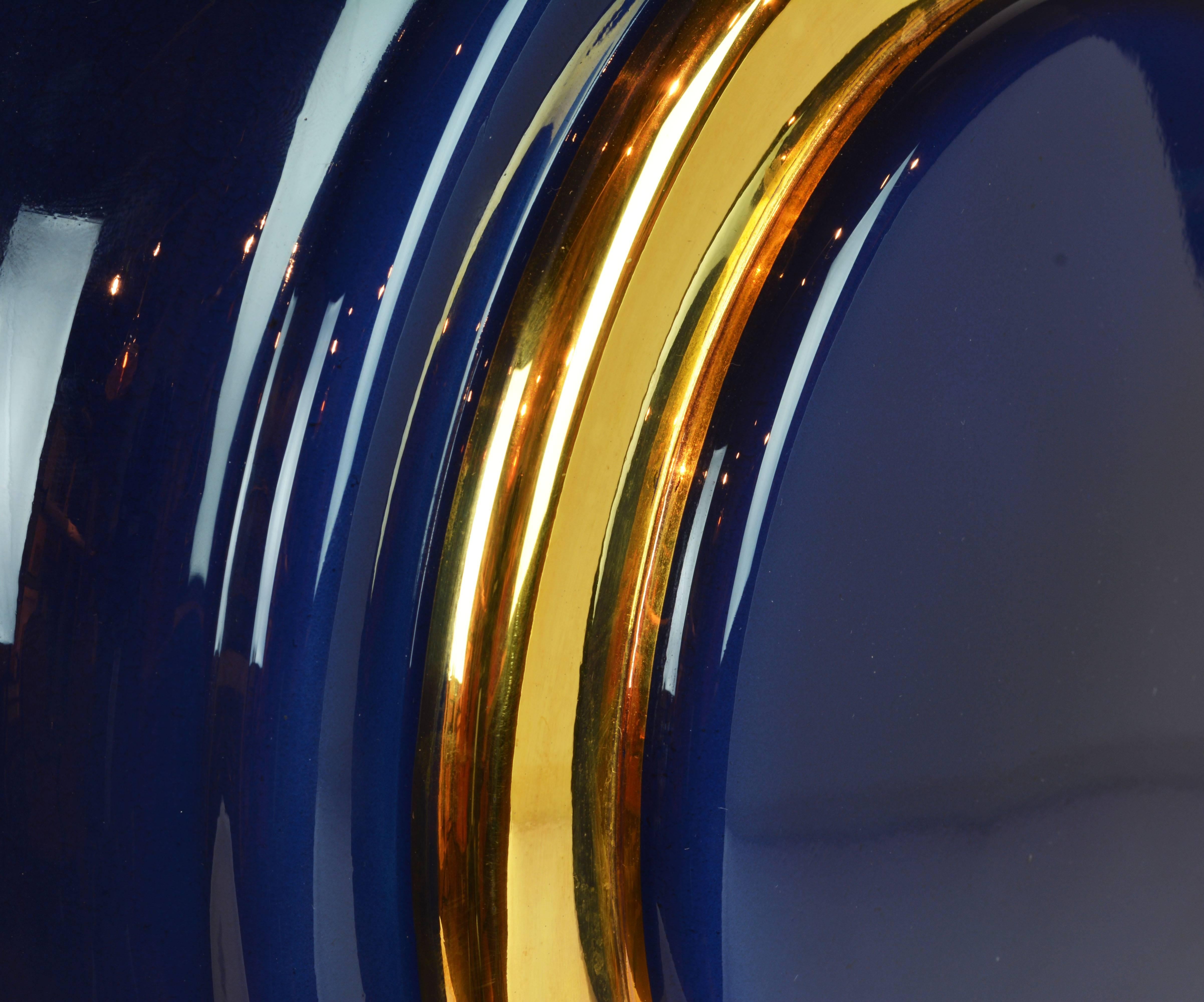 Pair of Classy Mid-Century Modern Cobalt Blue and Gilt Glass Lamps, Lucite Bases 2
