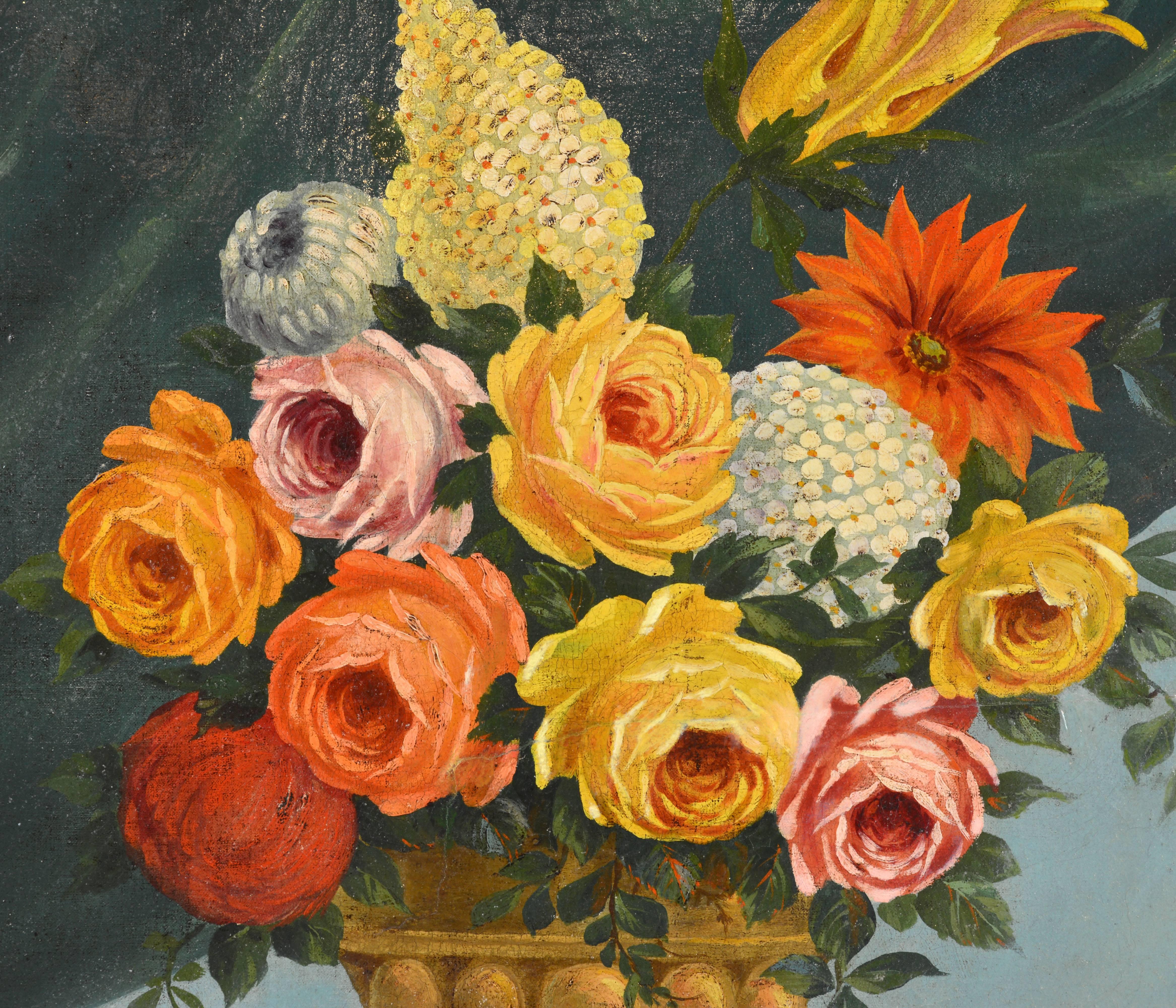 Baroque Italian Provincial 19th Century Oil with Flowers, Fruit and Blue Cockatoo