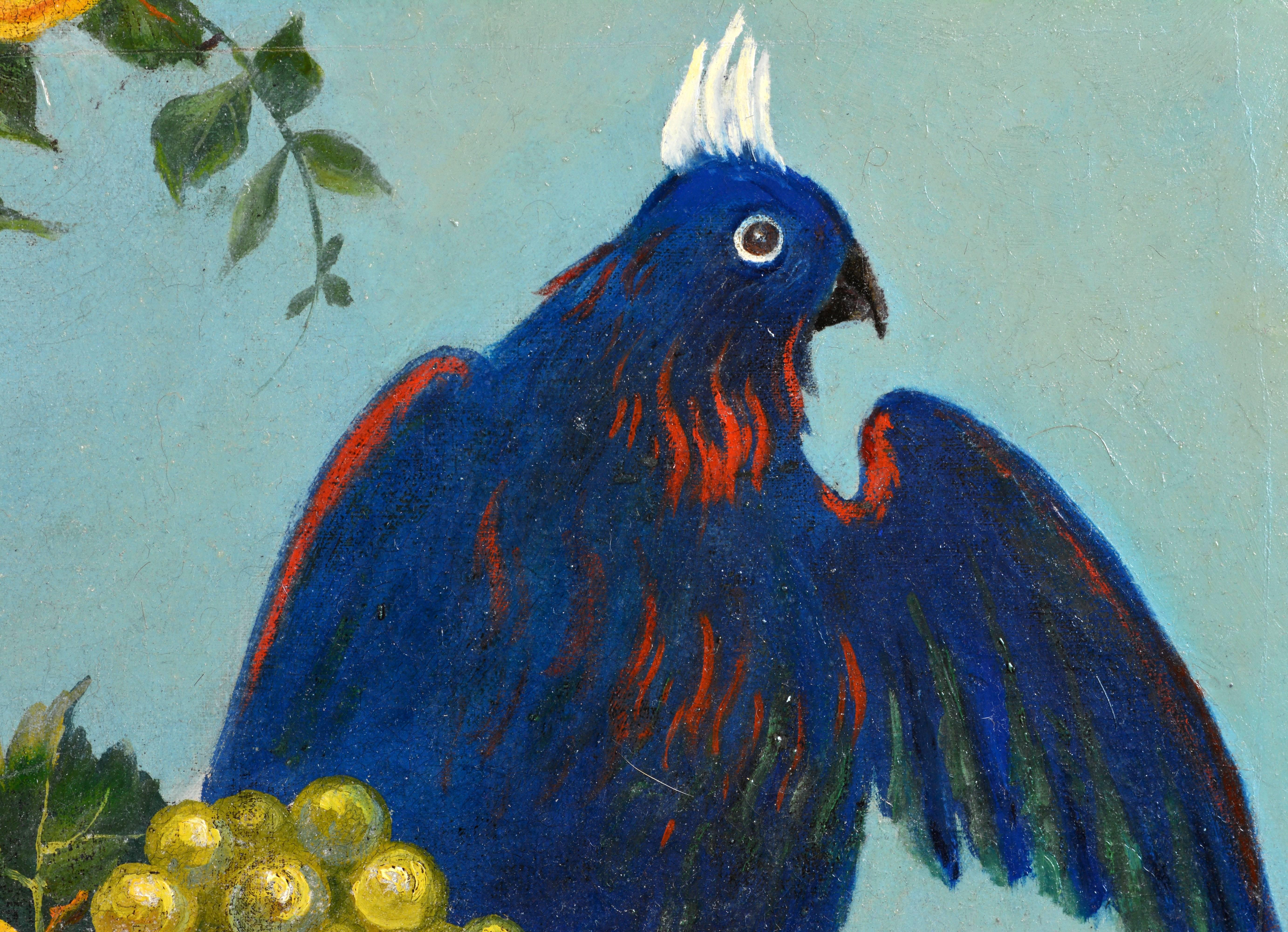 Canvas Italian Provincial 19th Century Oil with Flowers, Fruit and Blue Cockatoo