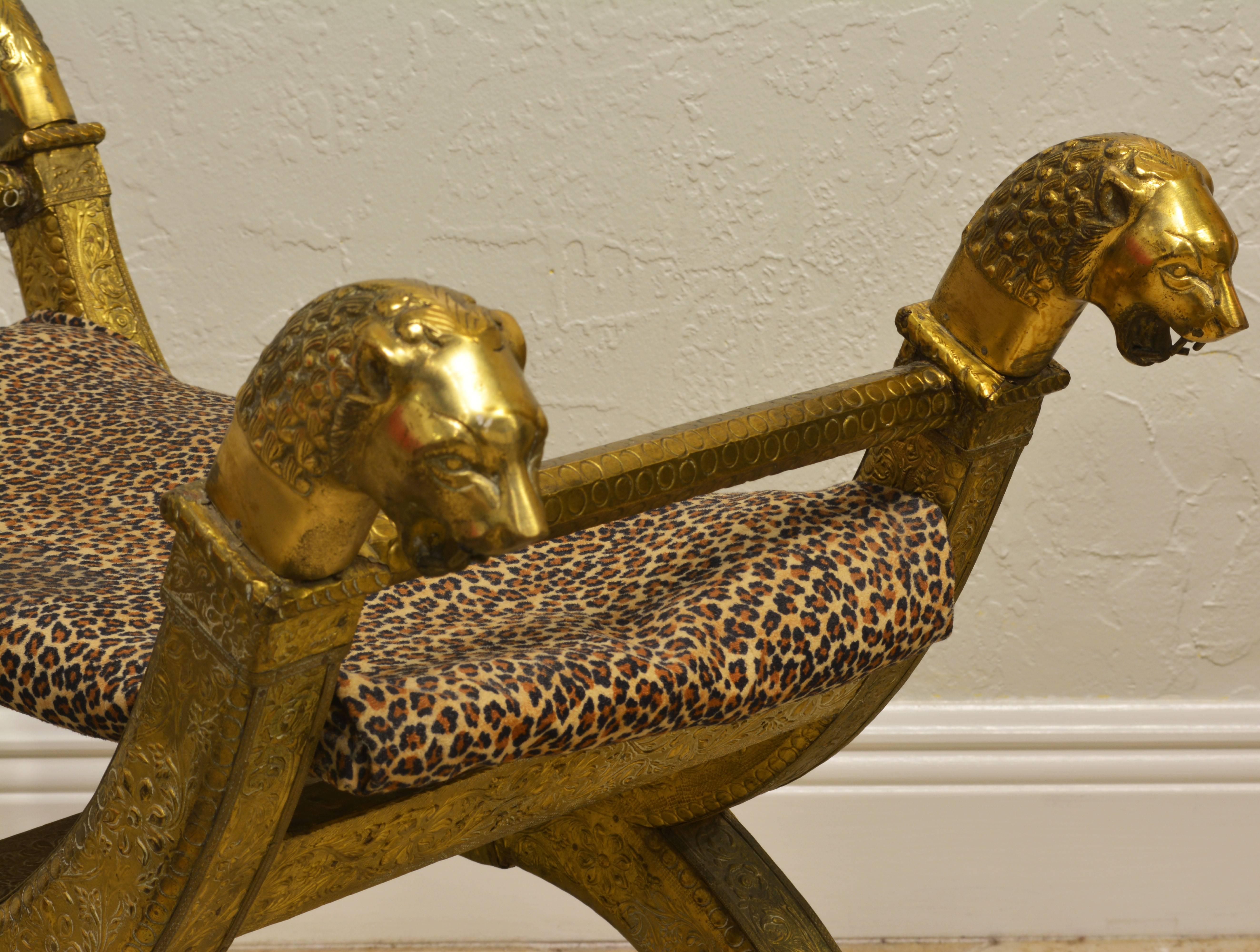 Repoussé Anglo-Indian Brass Repousse Clad Lion's Head and Paw Feet Curule Bench or Stool