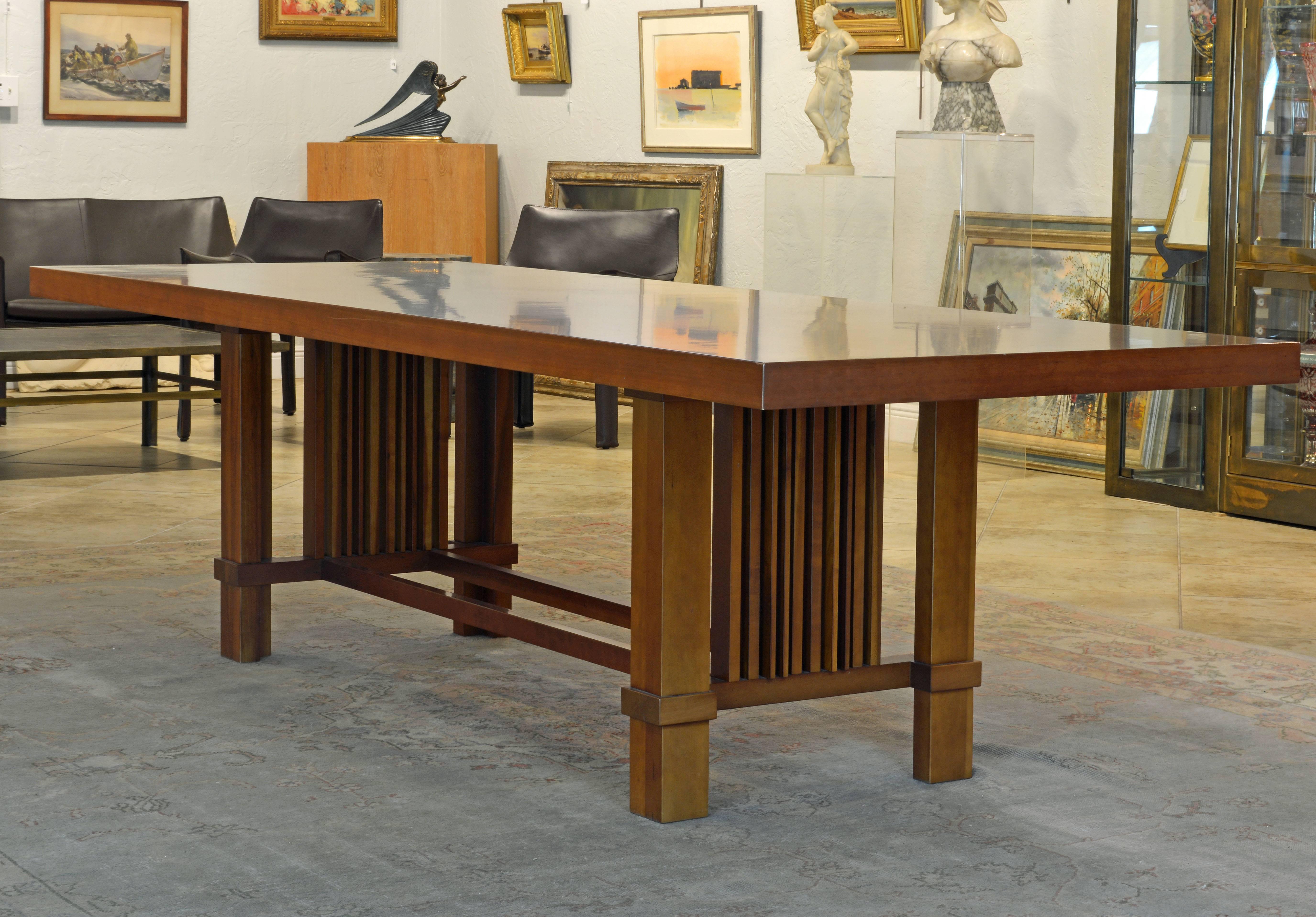 Italian Frank Lloyd Wright Inspired Cherrywood Dining Table & Eight Chairs with Leather
