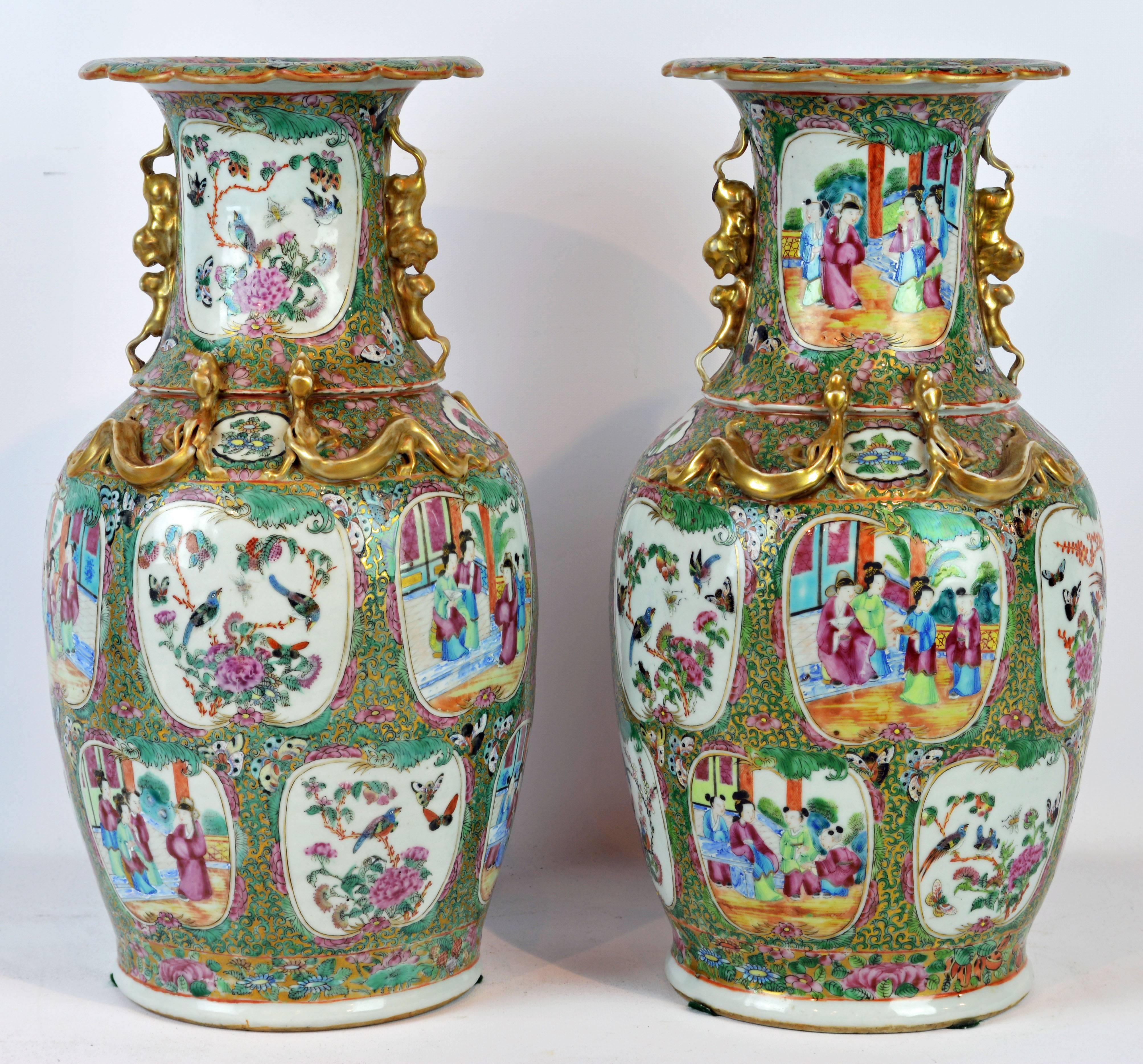 Chinese Export Pair of Lovely Chinese 19th Century Rose Medallion Vases with Gilt Lizards