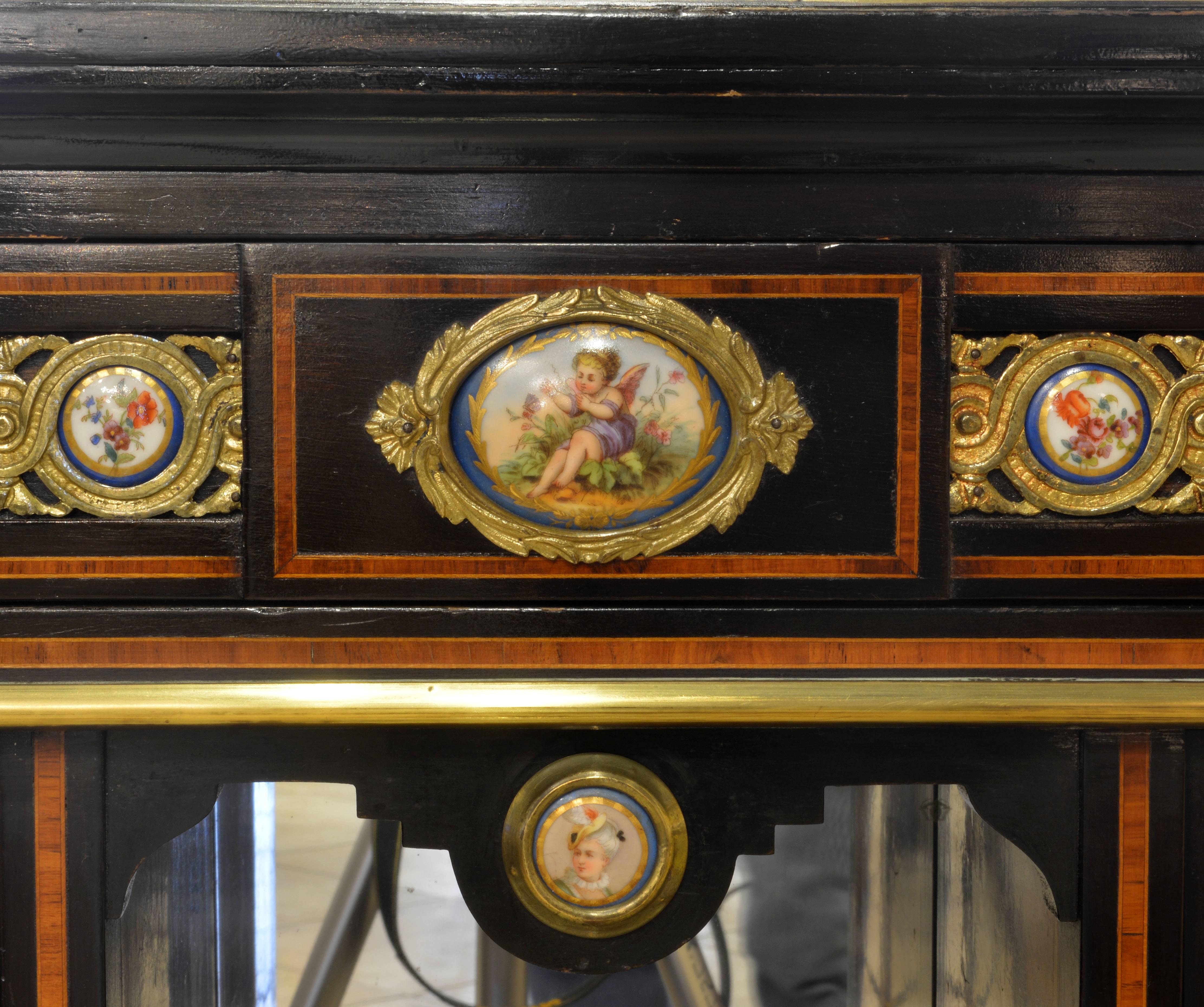 Bronze English 19th Cent. Ormolu and Sevres Plaque Mounted Inlaid Burl Walnut Credenza