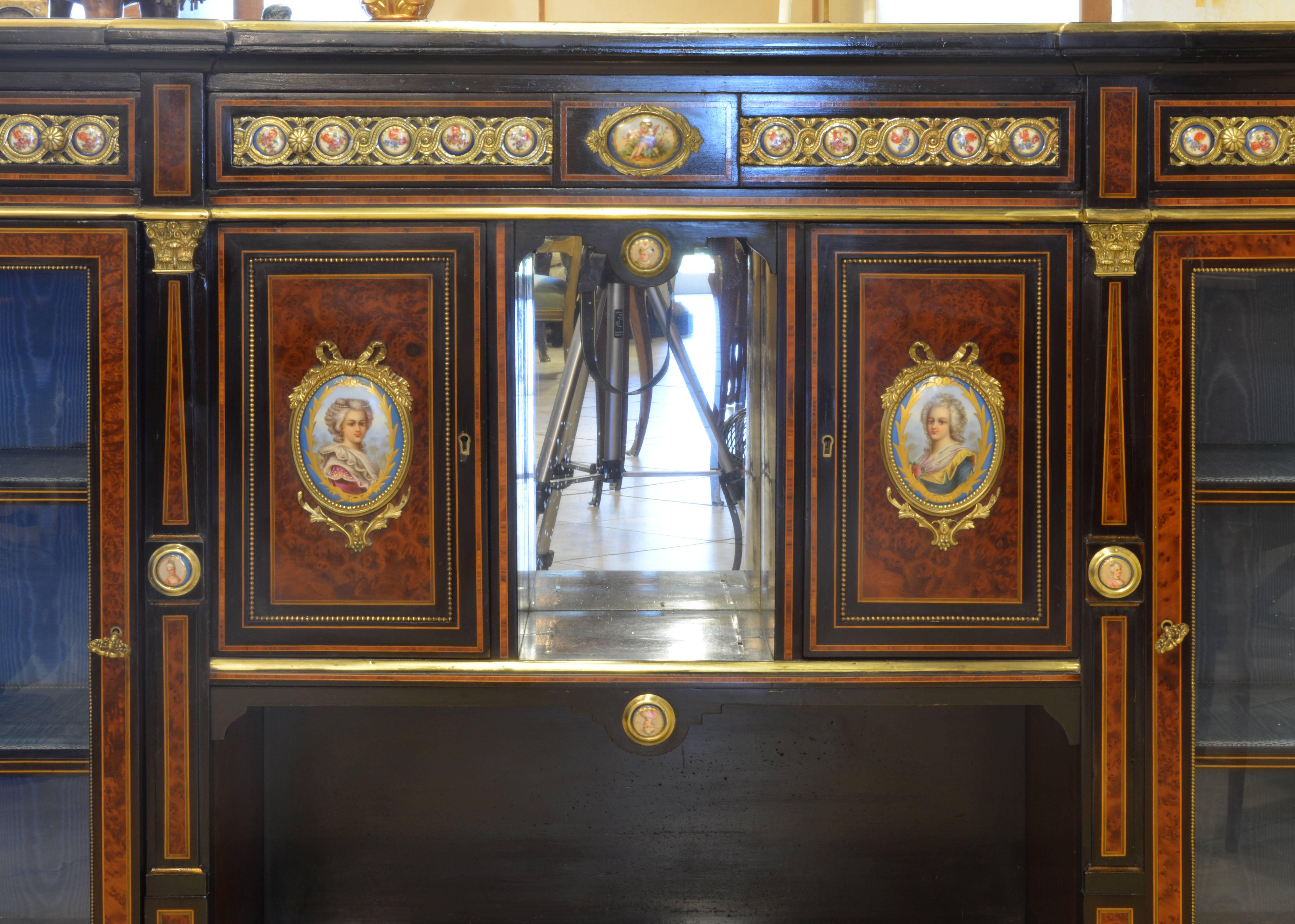 Louis XVI English 19th Cent. Ormolu and Sevres Plaque Mounted Inlaid Burl Walnut Credenza