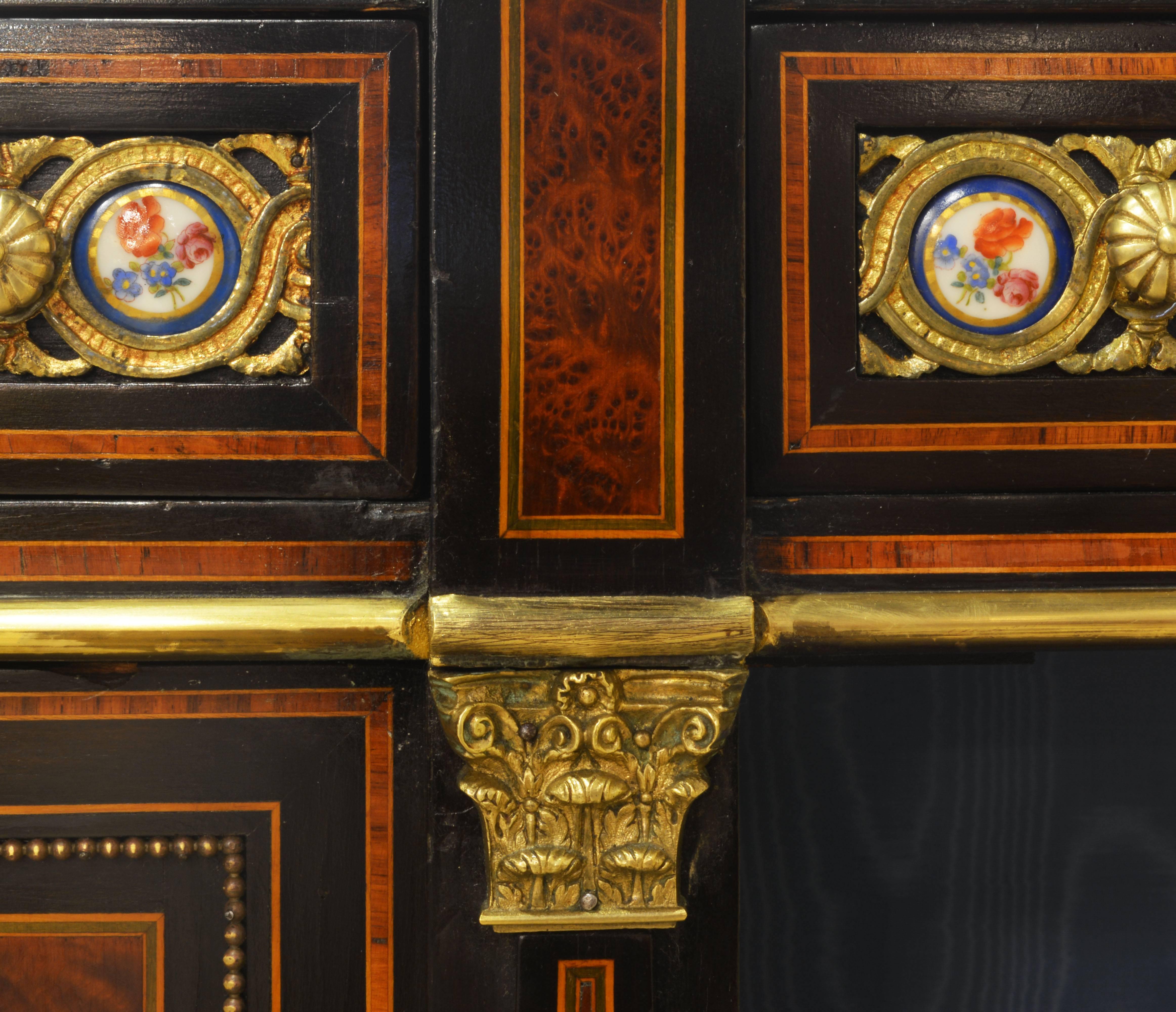 19th Century English 19th Cent. Ormolu and Sevres Plaque Mounted Inlaid Burl Walnut Credenza