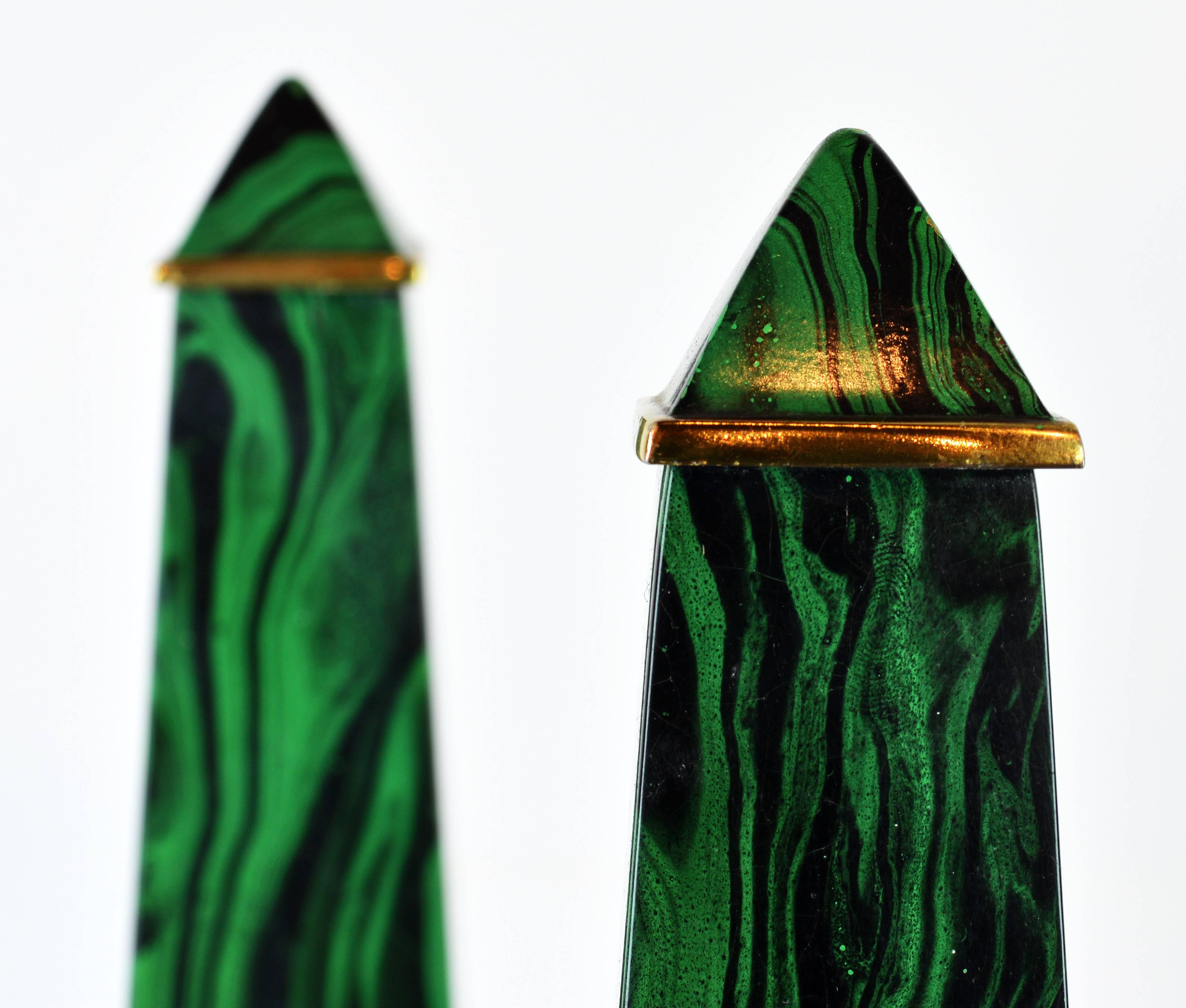Pair of Tall Paul Hanson Midcentury Faux Malachite and Brass Obelisk Models 1