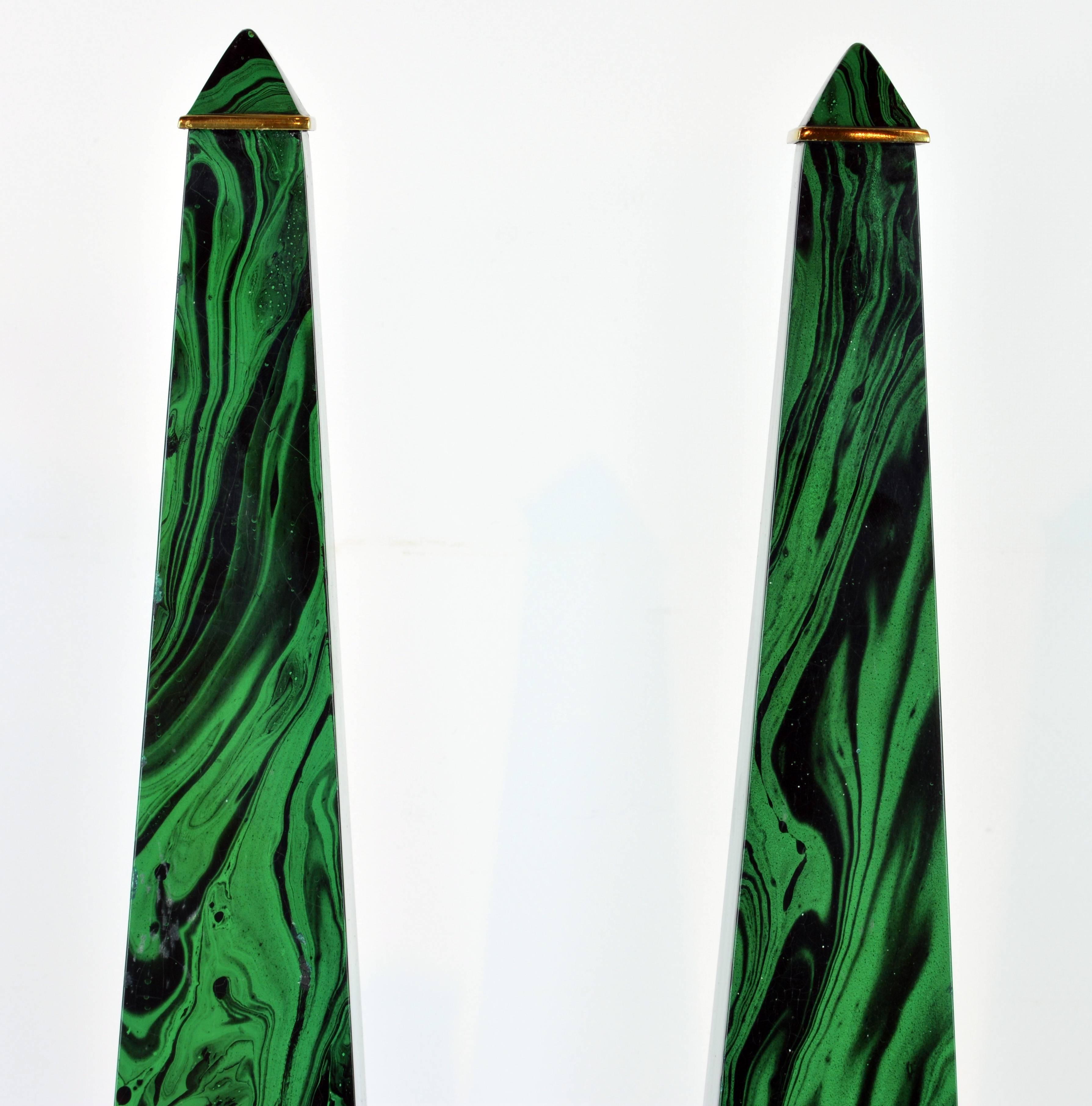 American Pair of Tall Paul Hanson Midcentury Faux Malachite and Brass Obelisk Models