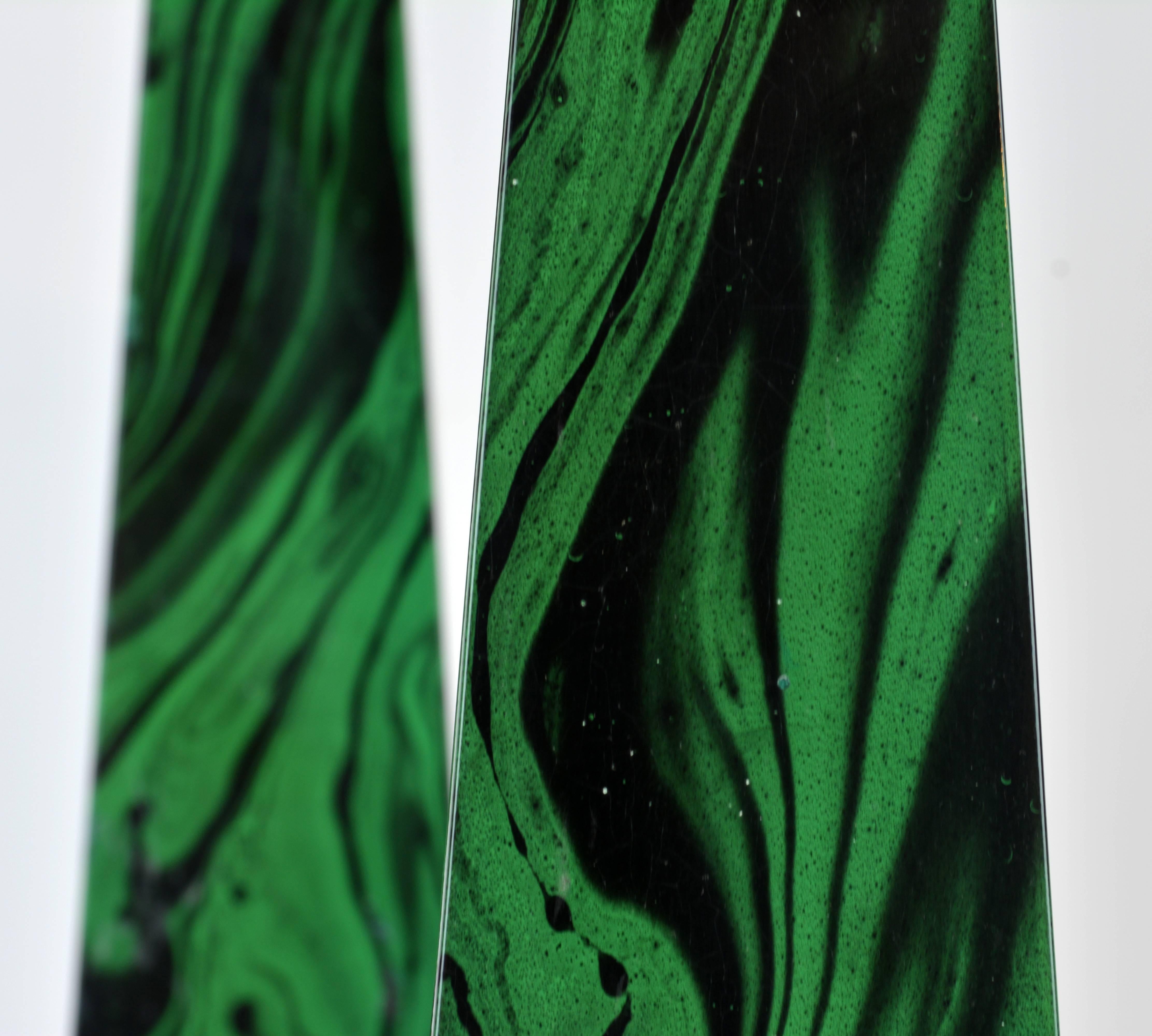 Pair of Tall Paul Hanson Midcentury Faux Malachite and Brass Obelisk Models 2