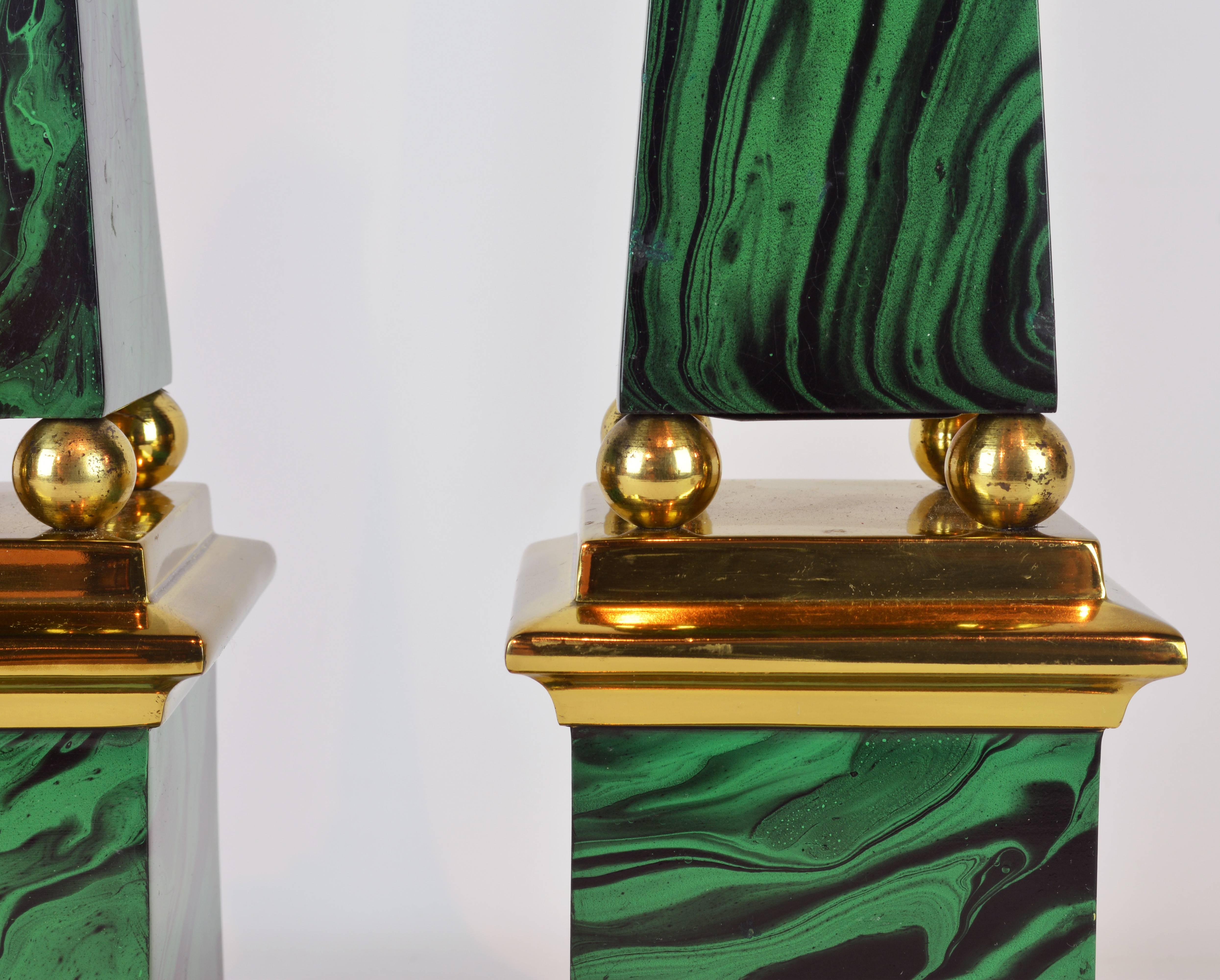 Painted Pair of Tall Paul Hanson Midcentury Faux Malachite and Brass Obelisk Models