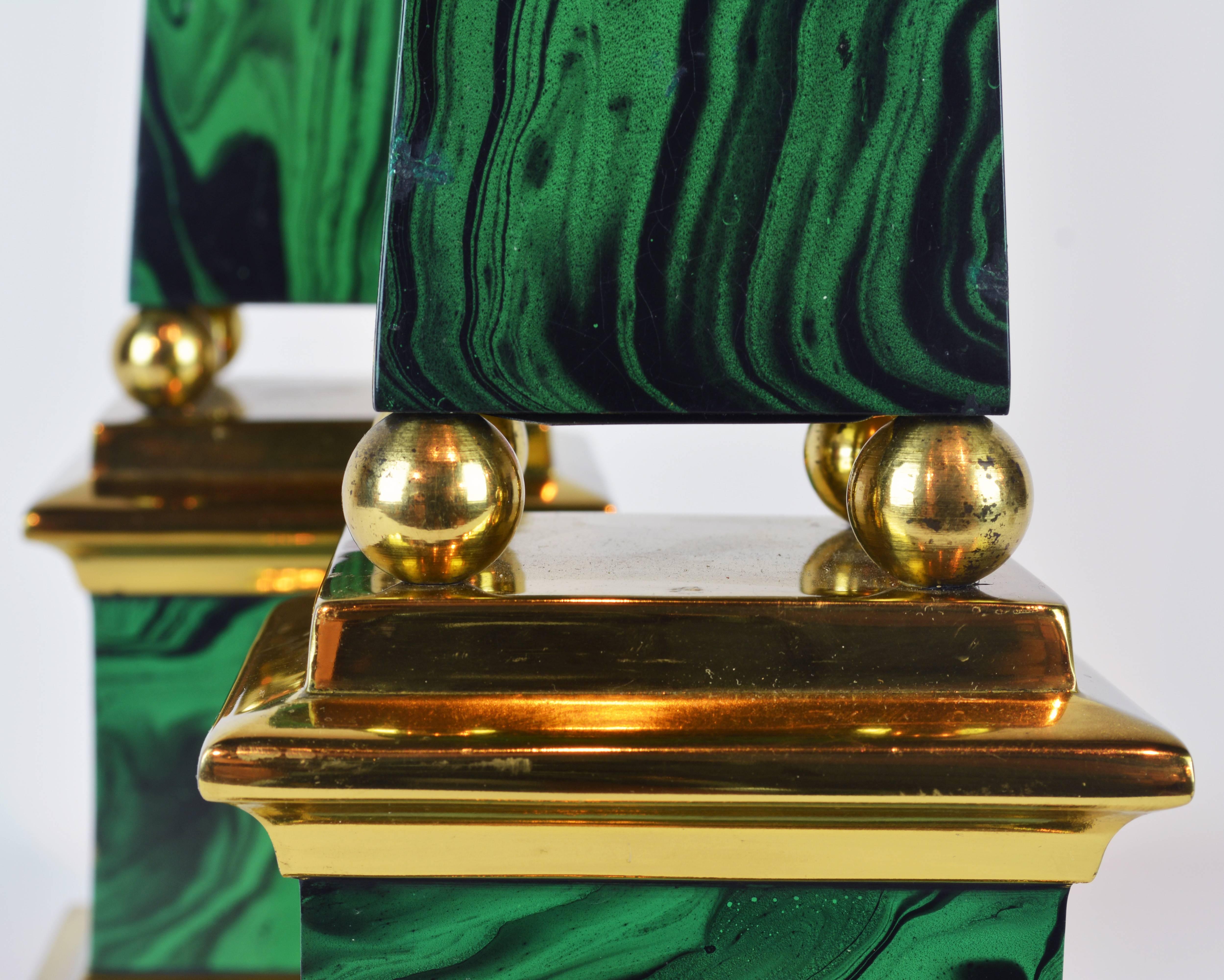 20th Century Pair of Tall Paul Hanson Midcentury Faux Malachite and Brass Obelisk Models