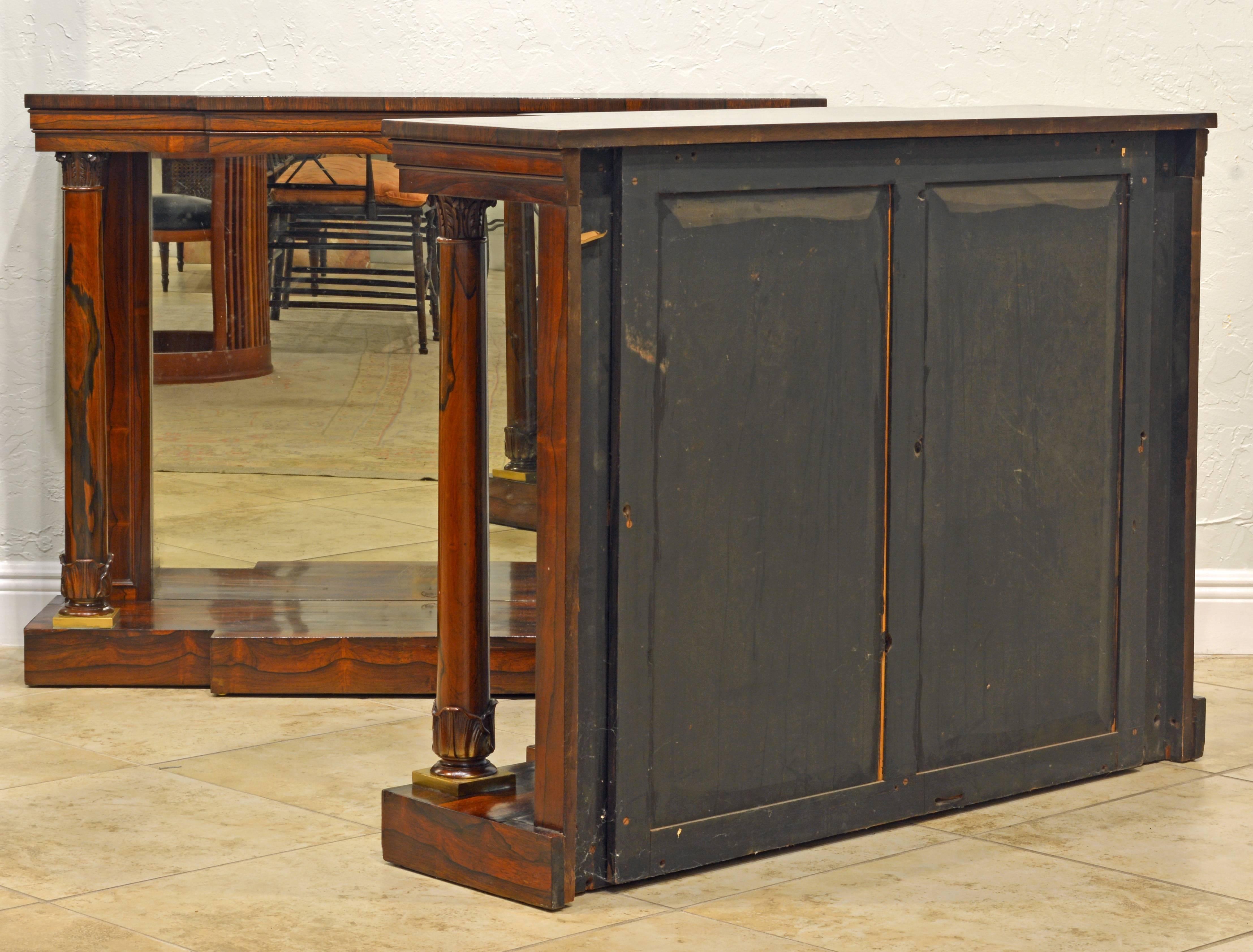 Pair of Superior English Regency Mirrored Breakfront Rosewood Console Tables In Good Condition In Ft. Lauderdale, FL
