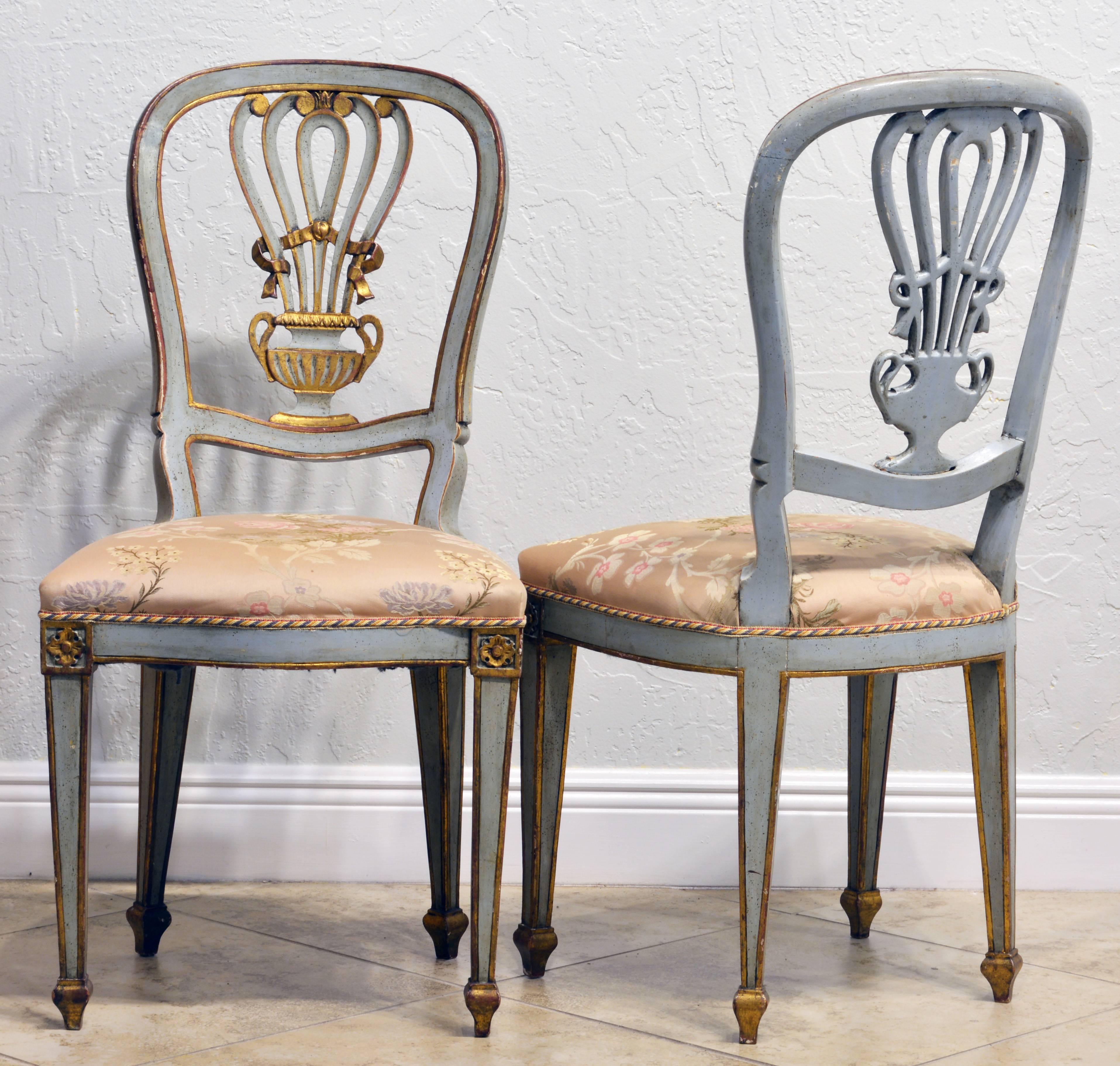 Lovely Pair of Louis XV Inspired Italian Gilt and Grey Paint Salon Chairs In Good Condition In Ft. Lauderdale, FL