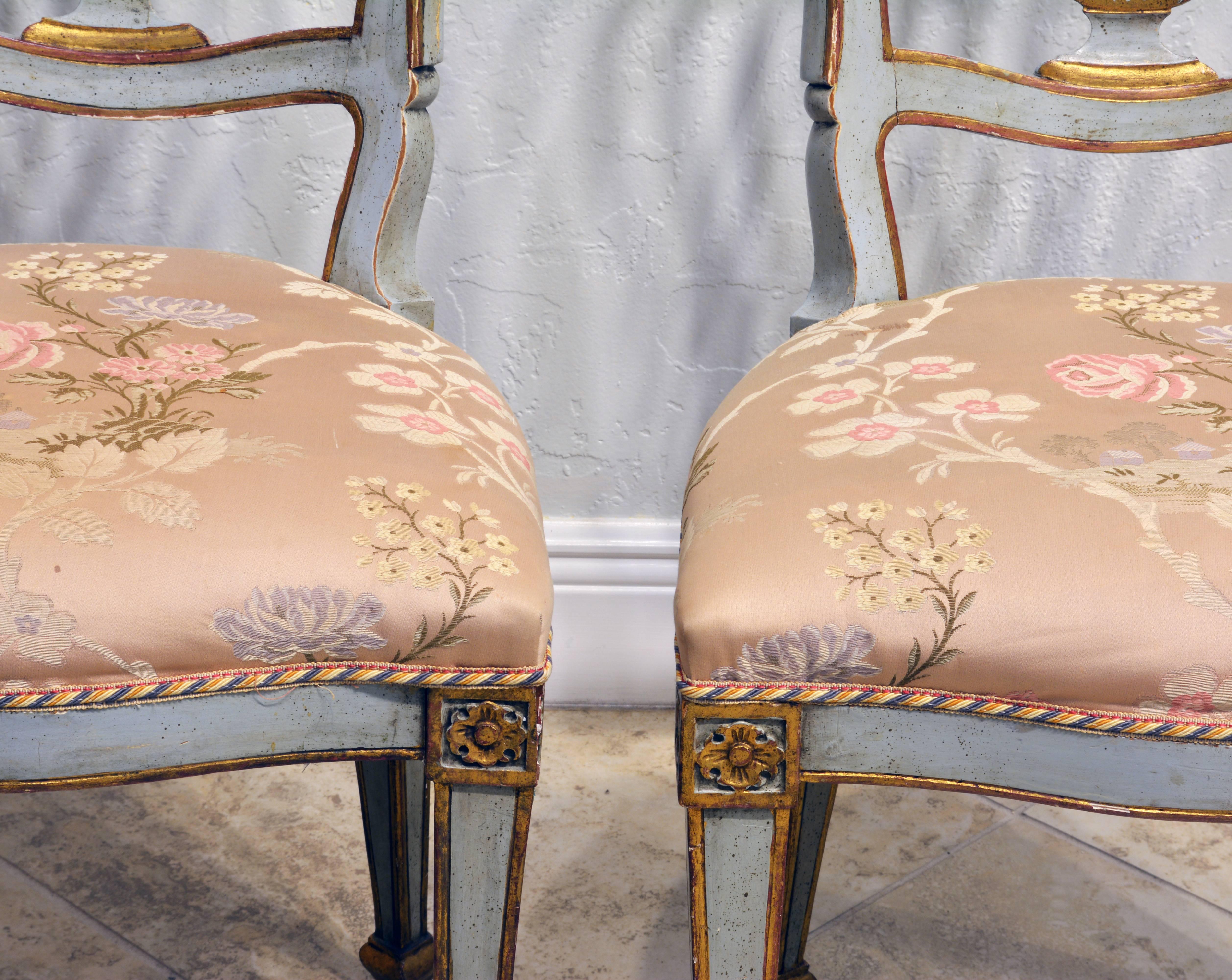 Fabric Lovely Pair of Louis XV Inspired Italian Gilt and Grey Paint Salon Chairs