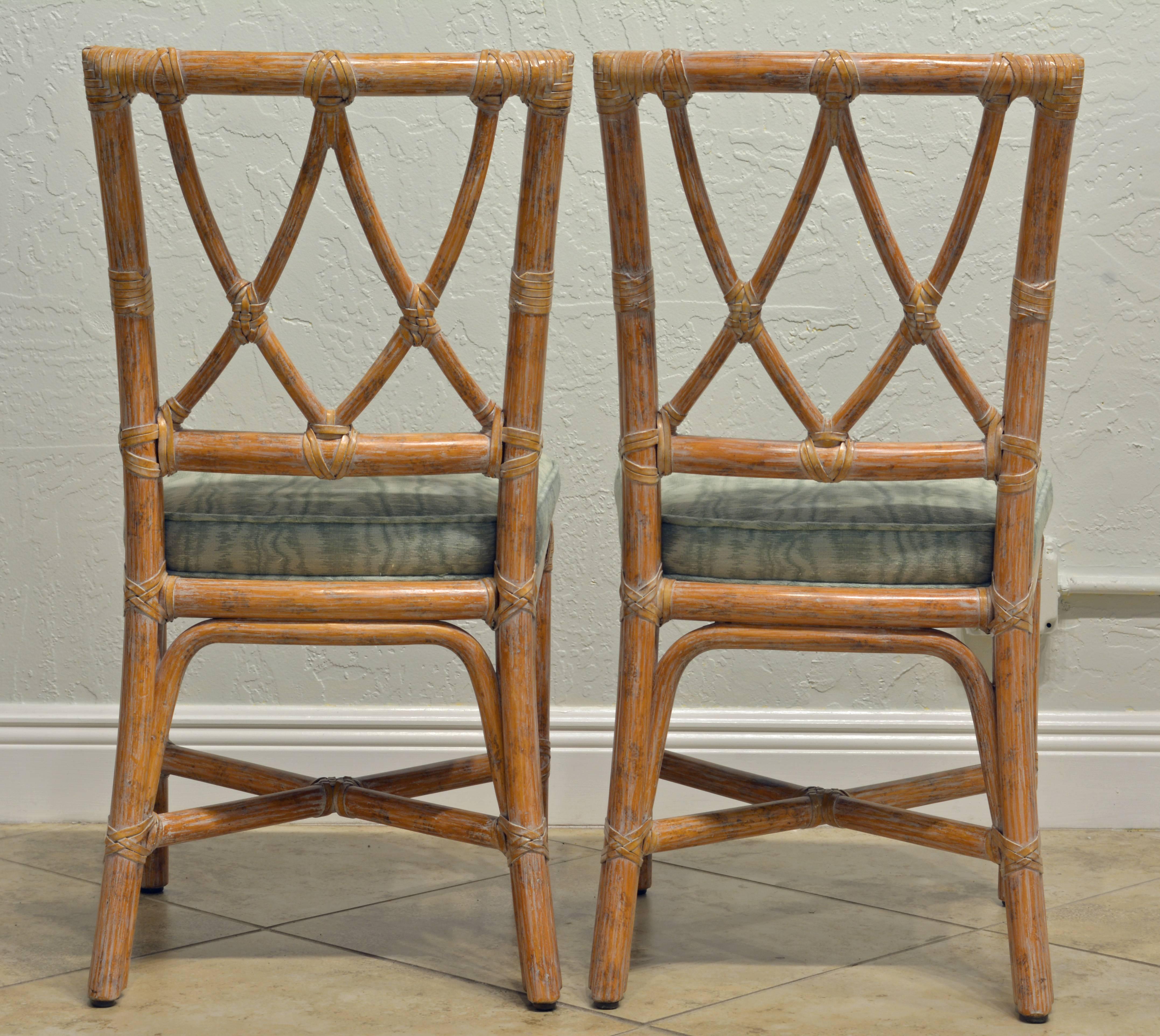 Fabric Set of Six Vintage Colonial Style McGuire Bamboo Rattan Dining Chairs