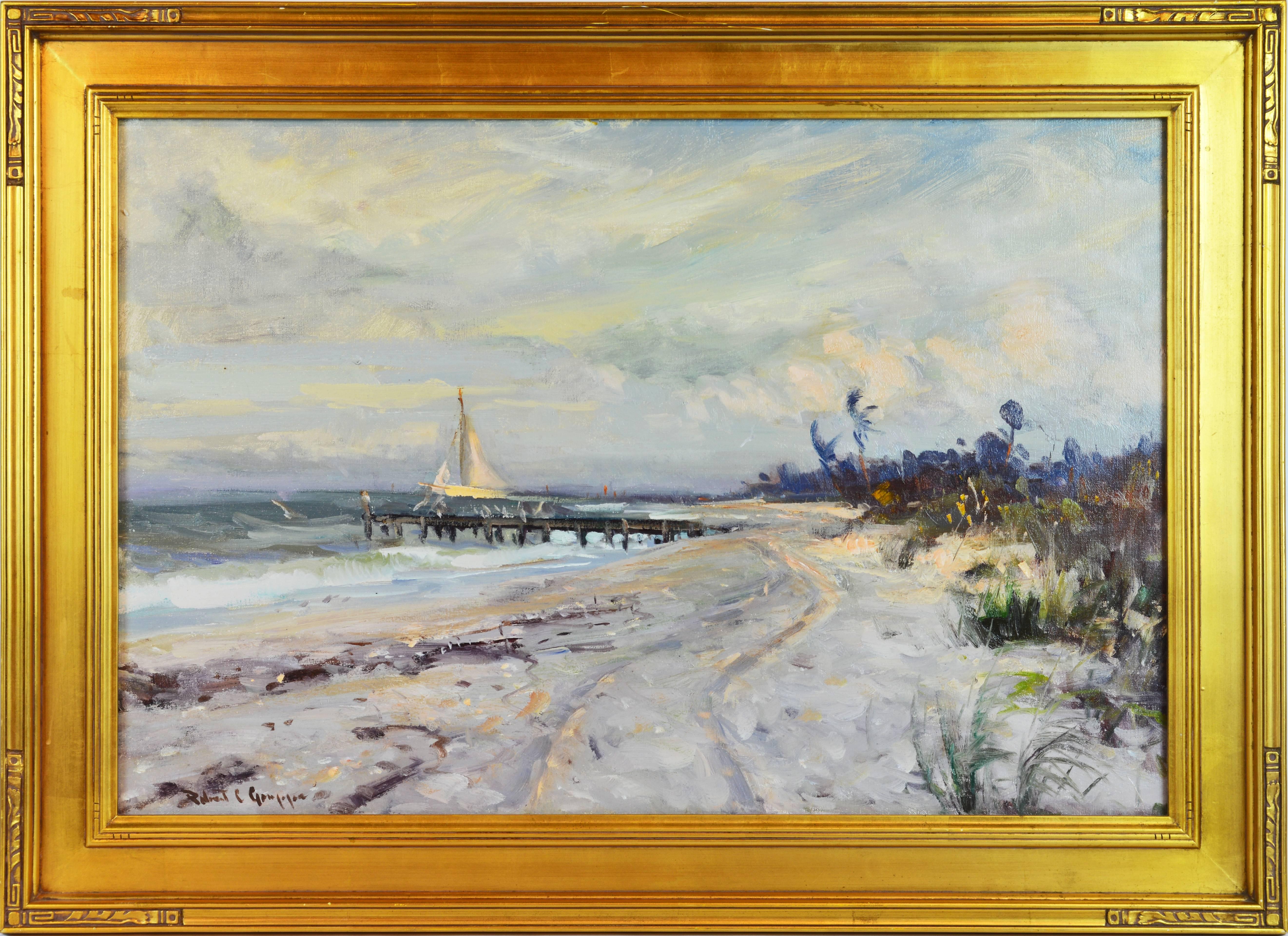 'Along the Gulf'
By Robert C. Gruppe, American b. 1944.
Measures: 24 x 36 inches with frame, 31 x 43 inches including frame.
Oil on canvas, signed.
Housed in an Arts & Craft style vintage frame.

Robert Charles Gruppe:
Being third generation