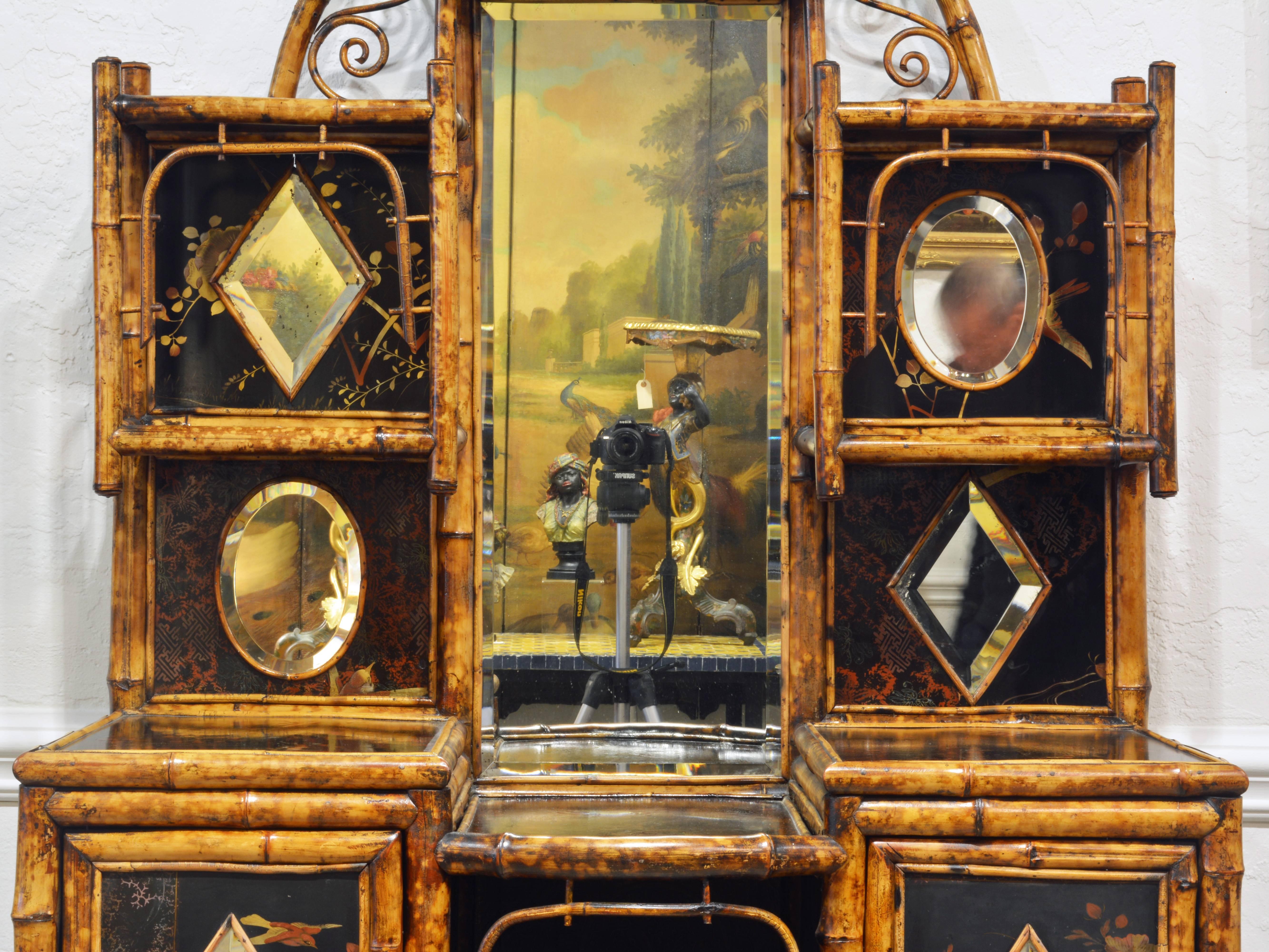 Aesthetic Movement Superior 19th Century English Bamboo and Lacquer Etagere or Hall Tree Cabinet