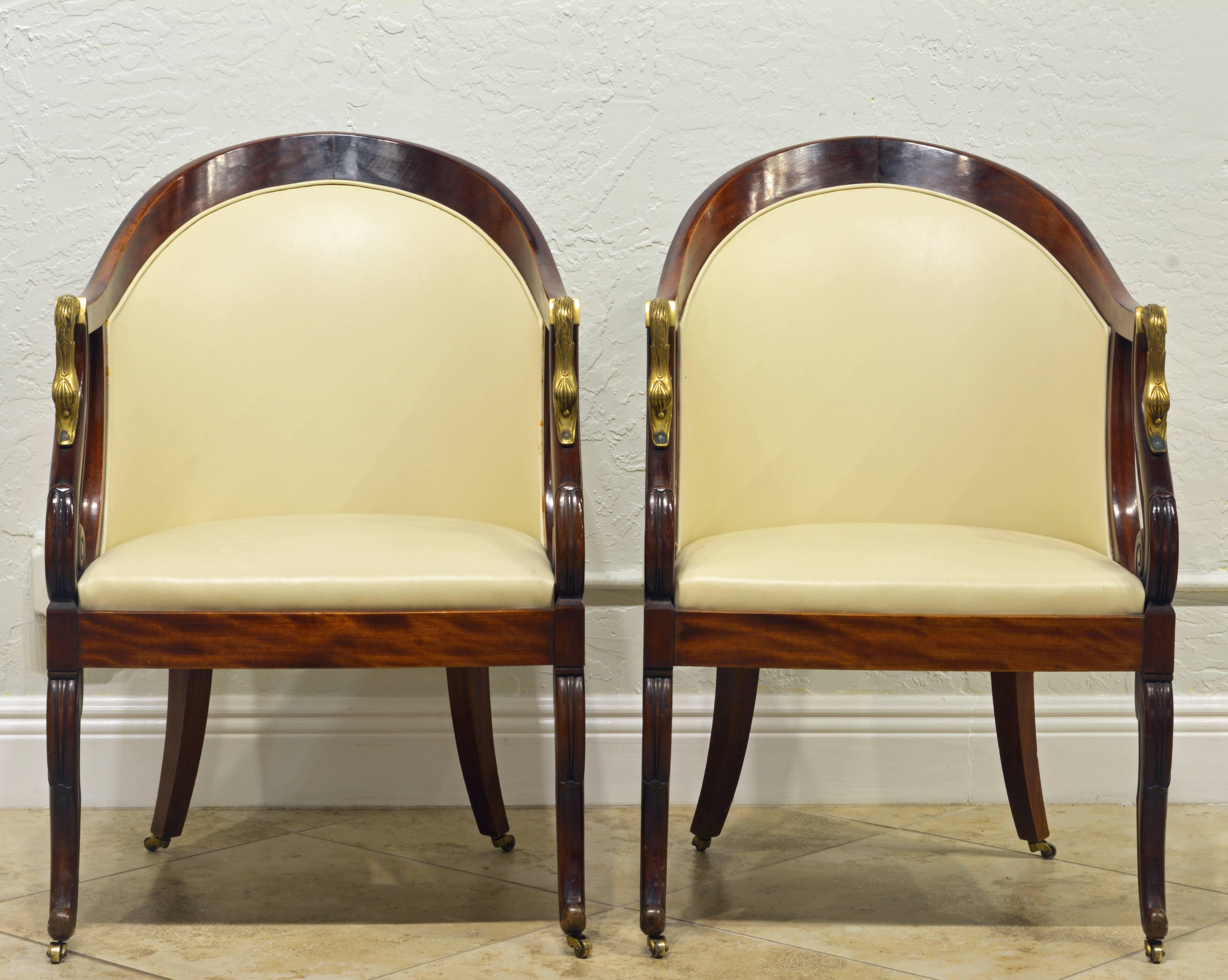 French Elegant Pair of Napoleon III Empire Leather Covered Arm Chairs with Swan Mounts