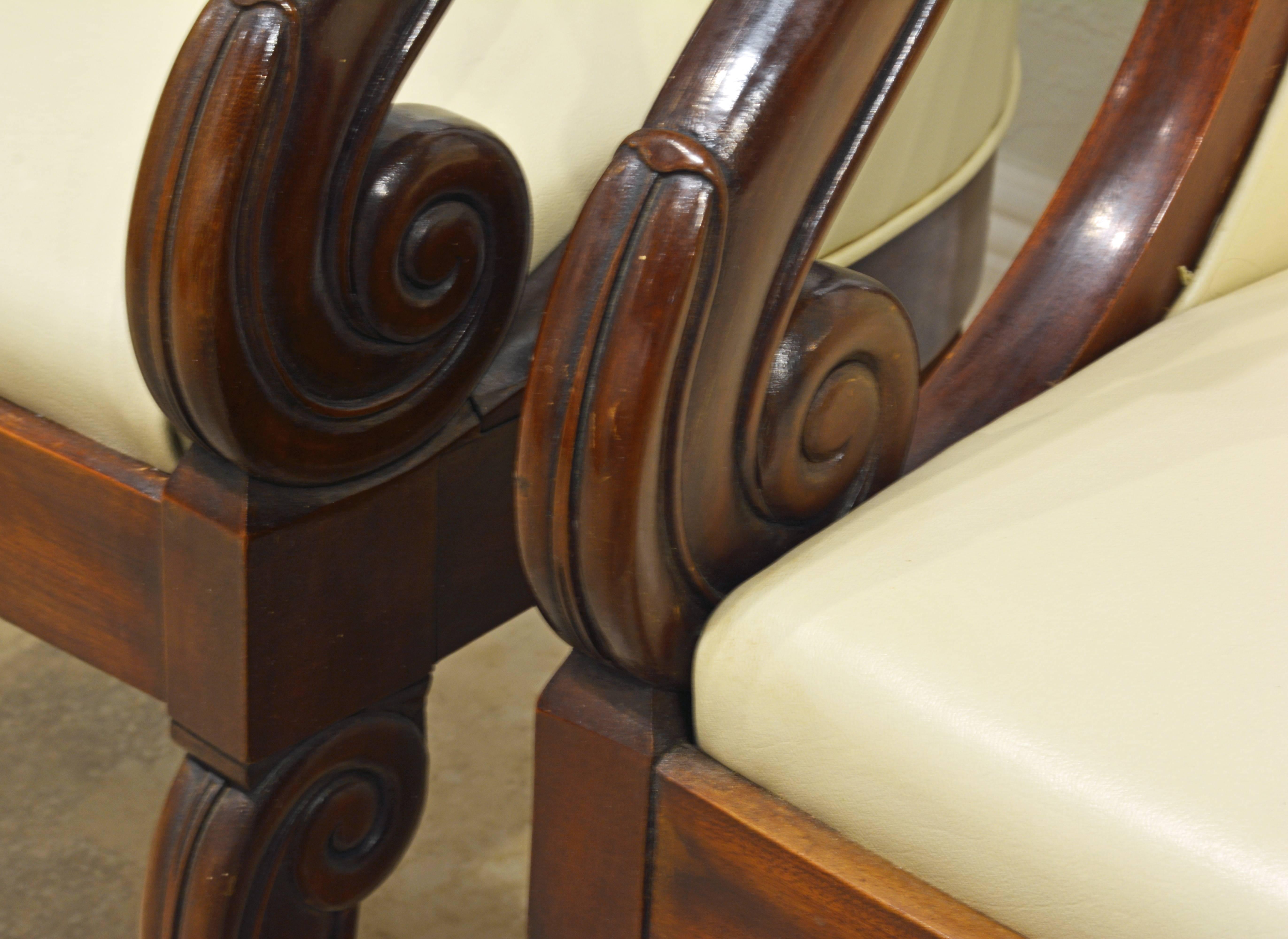 Brass Elegant Pair of Napoleon III Empire Leather Covered Arm Chairs with Swan Mounts