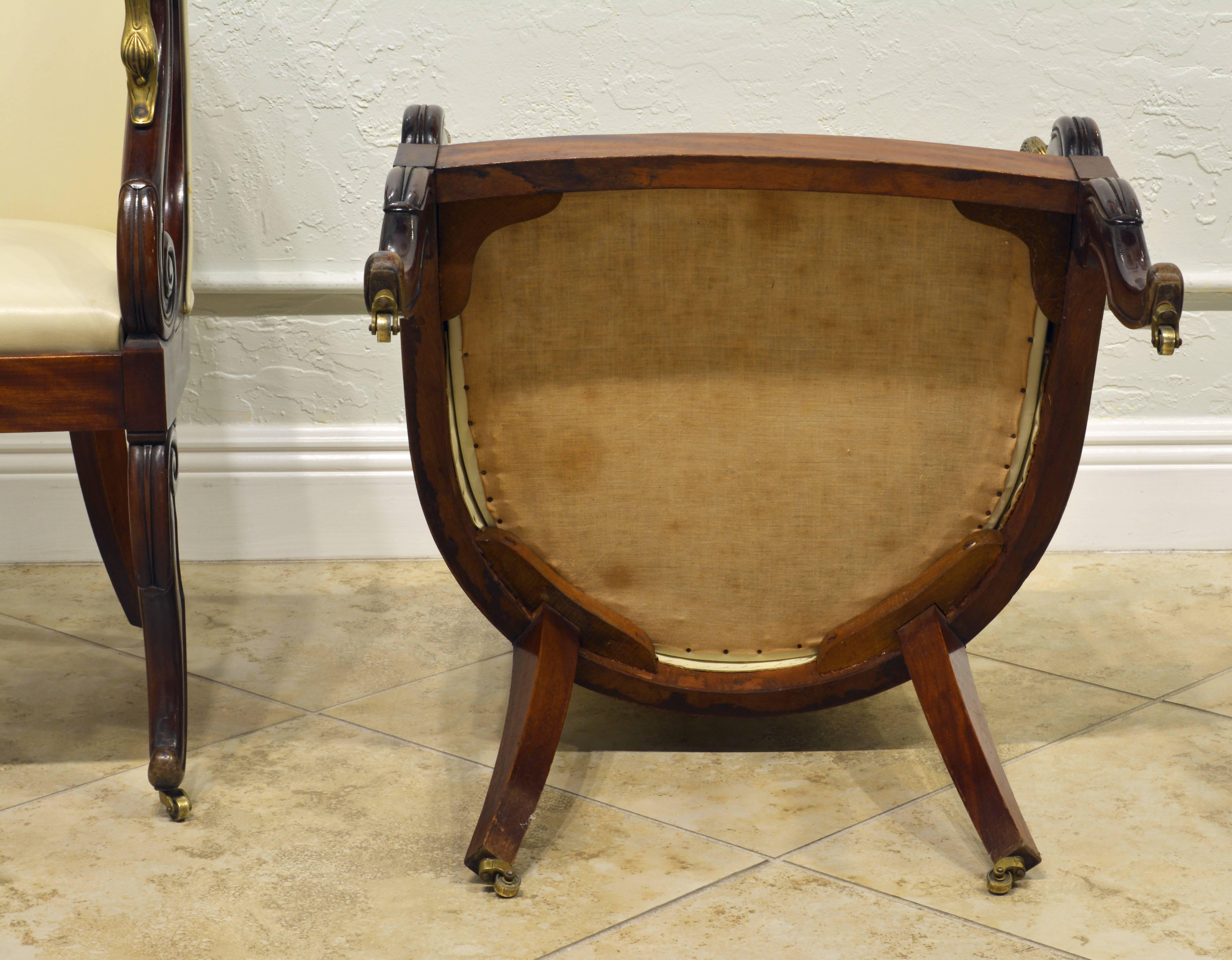 Elegant Pair of Napoleon III Empire Leather Covered Arm Chairs with Swan Mounts 3